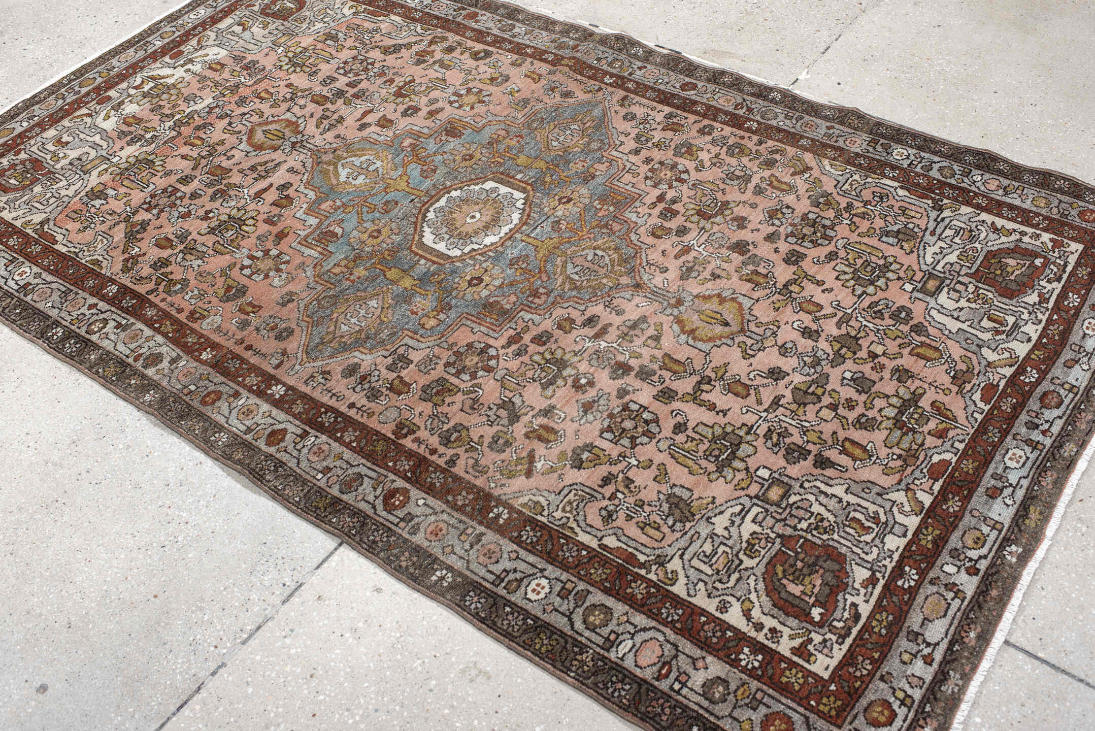 4' x 7' one-of-a-kind handmade antique Malayer rug. Color palette: rose, slate, ivory, rust, charcoal, sage, gold, taupe