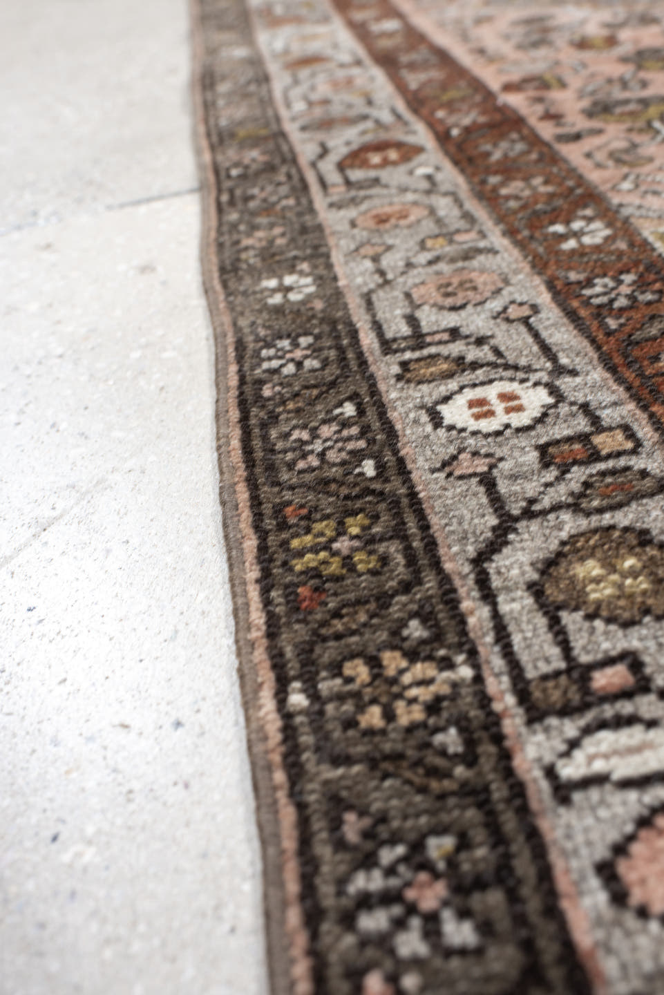 4' x 7' one-of-a-kind handmade antique Malayer rug. Color palette: rose, slate, ivory, rust, charcoal, sage, gold, taupe