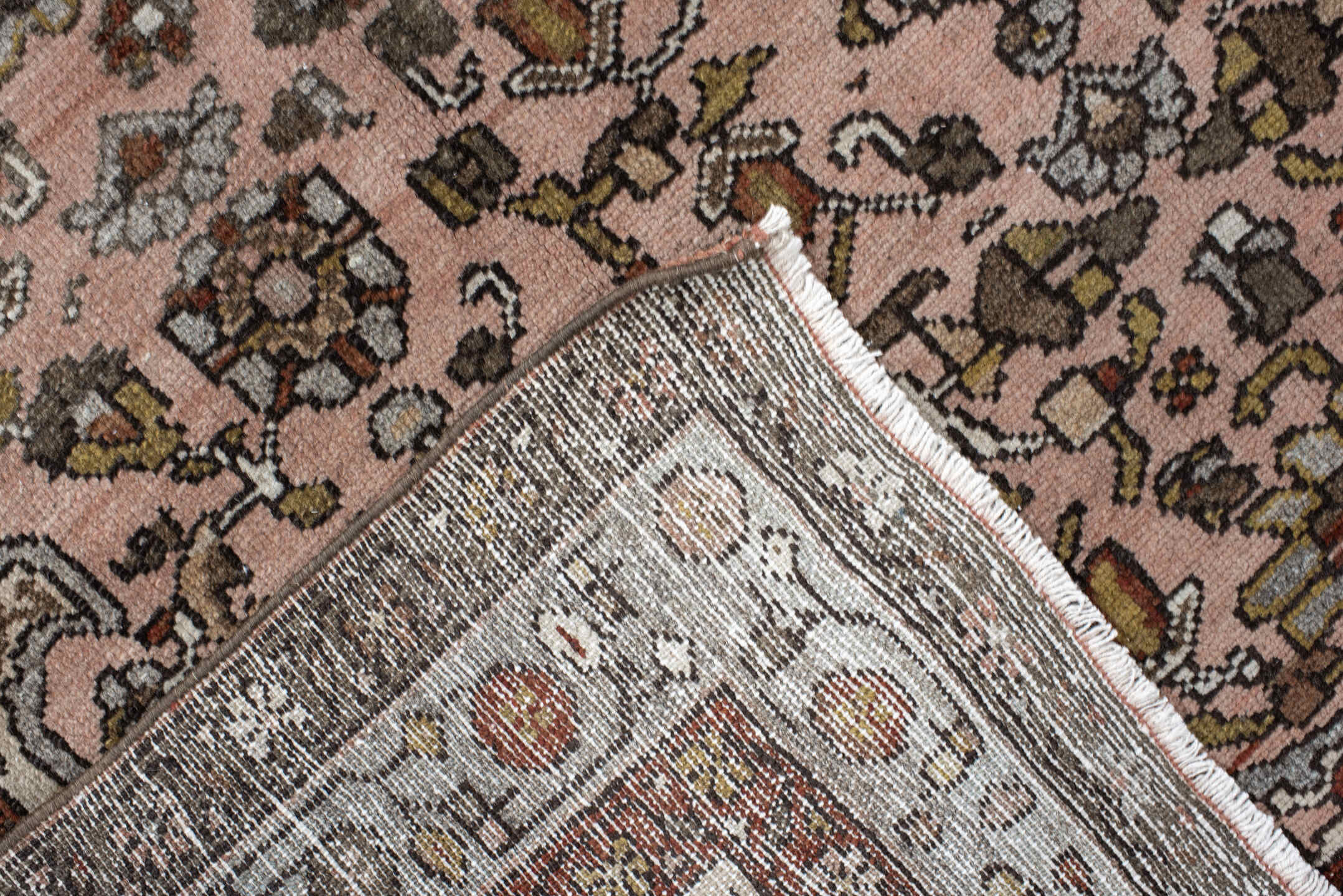 4' x 7' one-of-a-kind handmade antique Malayer rug. Color palette: rose, slate, ivory, rust, charcoal, sage, gold, taupe