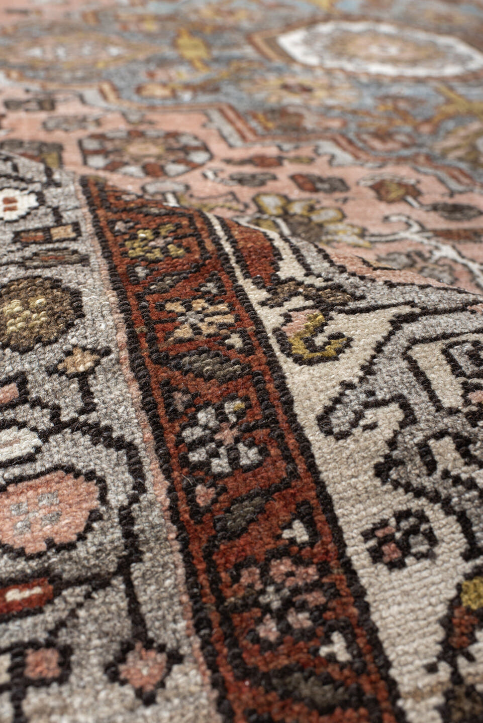 4' x 7' one-of-a-kind handmade antique Malayer rug. Color palette: rose, slate, ivory, rust, charcoal, sage, gold, taupe