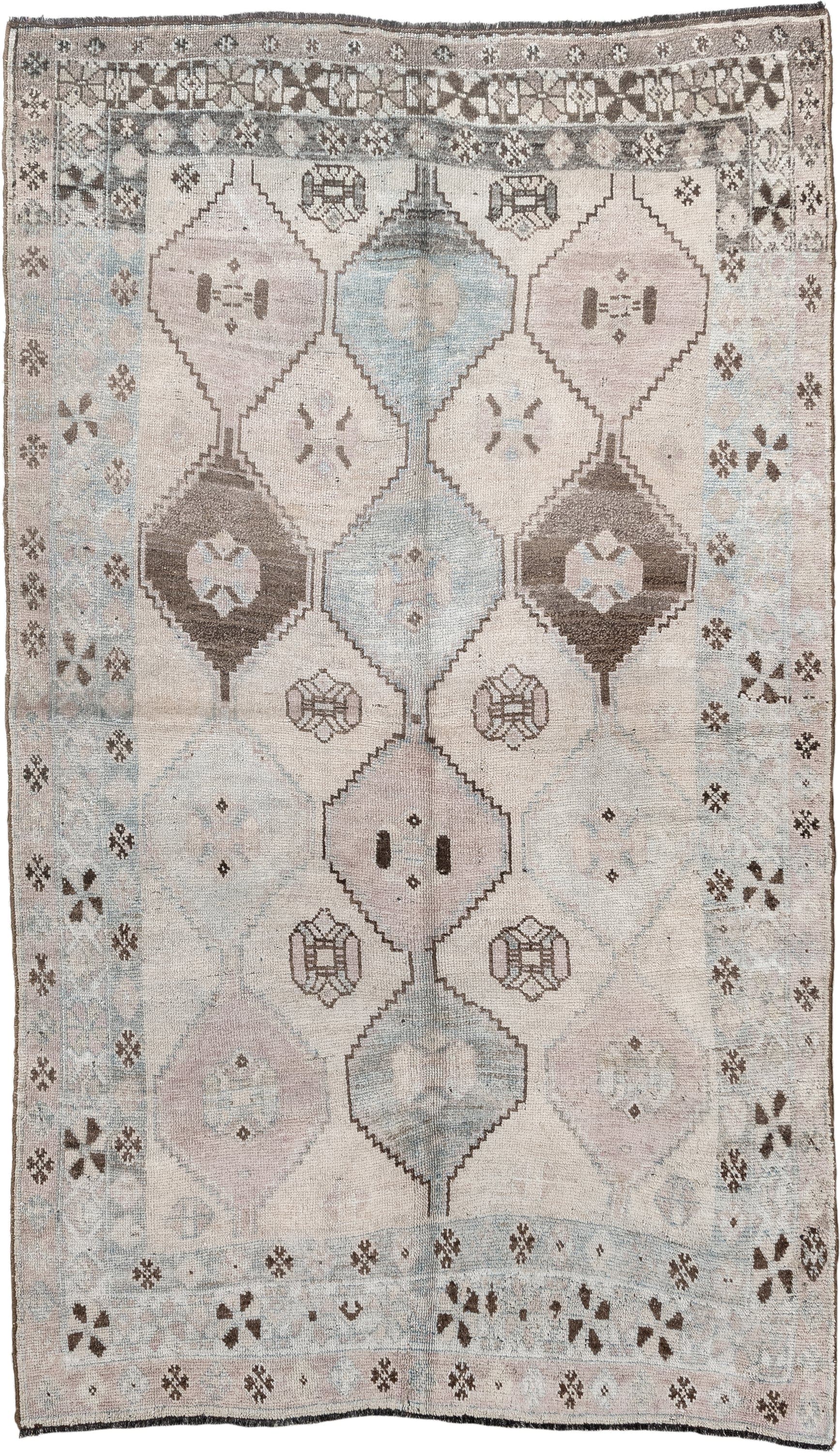4' x 7' one-of-a-kind handmade vintage Gabbe rug. Color palette: ivory, sky blue, taupe, brown, blush, charcoal, light blue