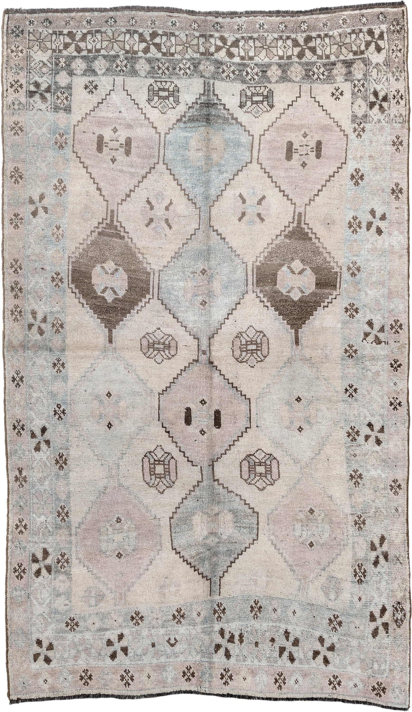 4' x 7' one-of-a-kind handmade vintage Gabbe rug. Color palette: ivory, sky blue, taupe, brown, blush, charcoal, light blue