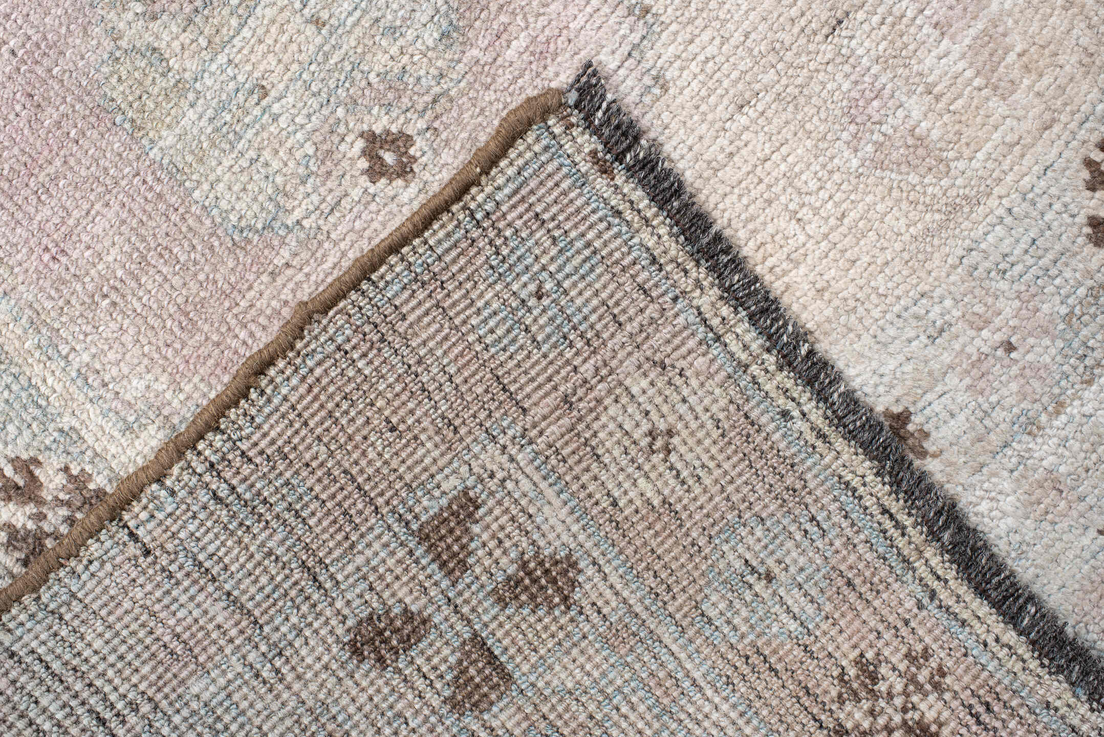 4' x 7' one-of-a-kind handmade vintage Gabbe rug. Color palette: ivory, sky blue, taupe, brown, blush, charcoal, light blue