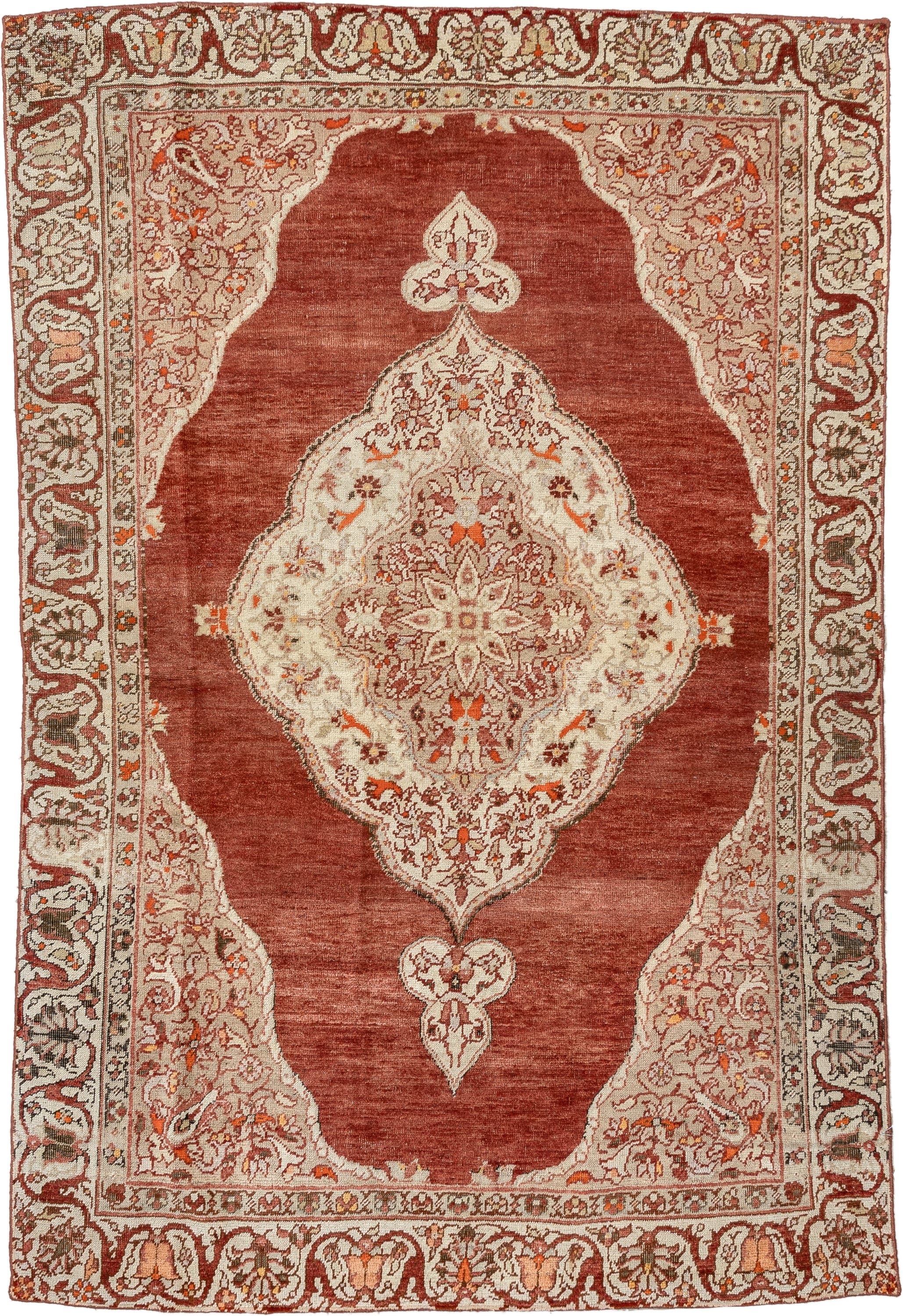 6' x 4' one-of-a-kind handmade antique Anatolian rug. Color palette: terracotta, ivory, rust, taupe, coral, camel, brown