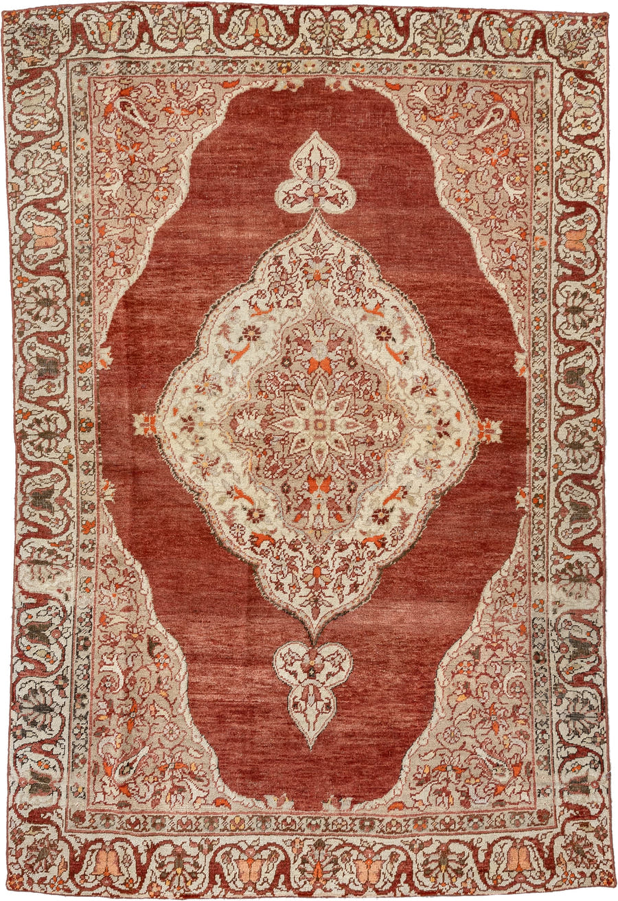 6' x 4' one-of-a-kind handmade antique Anatolian rug. Color palette: terracotta, ivory, rust, taupe, coral, camel, brown