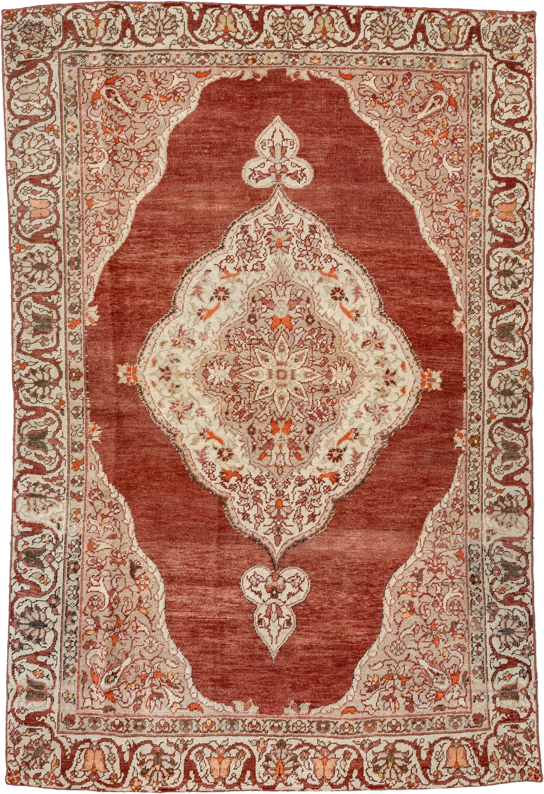 6' x 4' one-of-a-kind handmade antique Anatolian rug. Color palette: terracotta, ivory, rust, taupe, coral, camel, brown