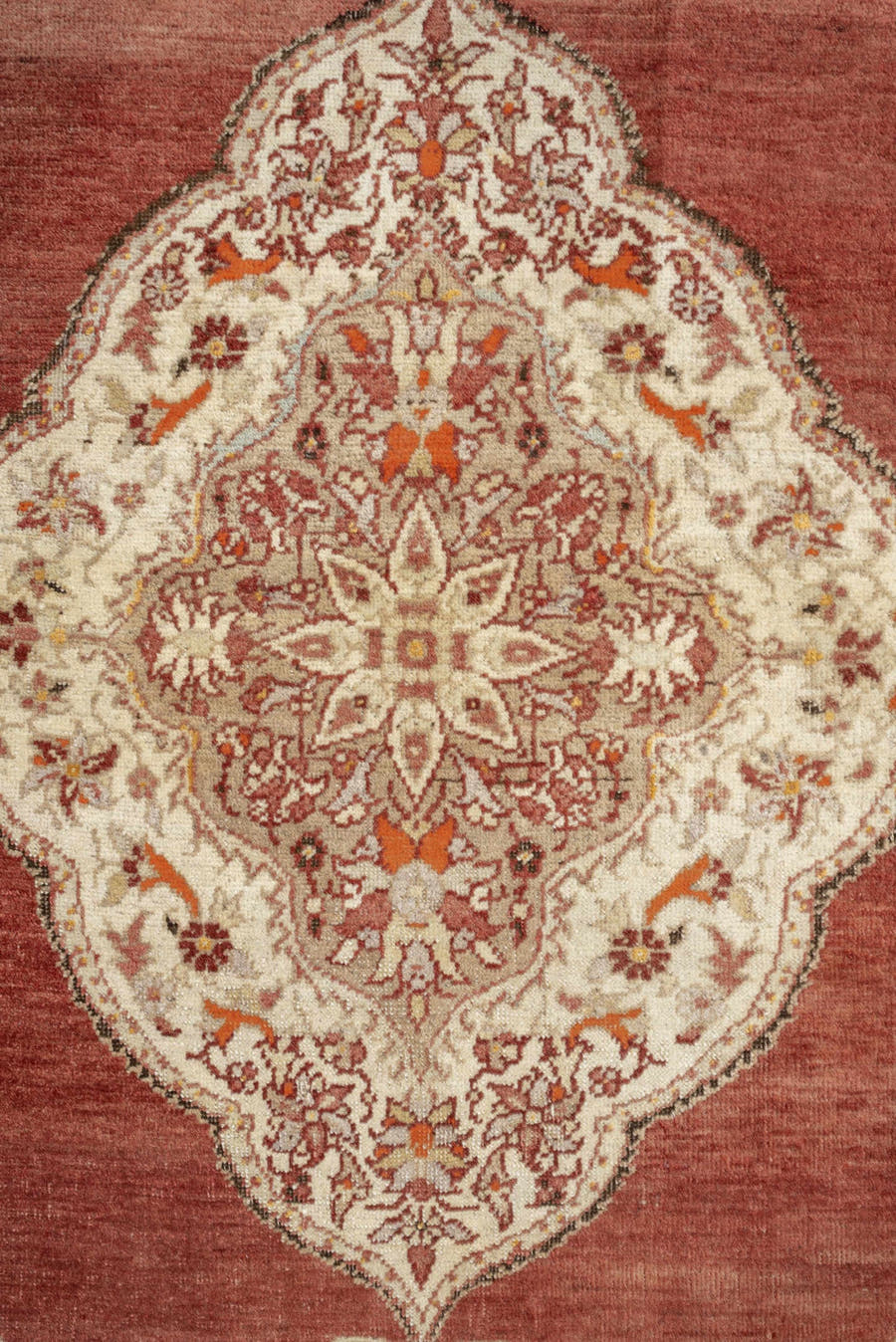 6' x 4' one-of-a-kind handmade antique Anatolian rug. Color palette: terracotta, ivory, rust, taupe, coral, camel, brown