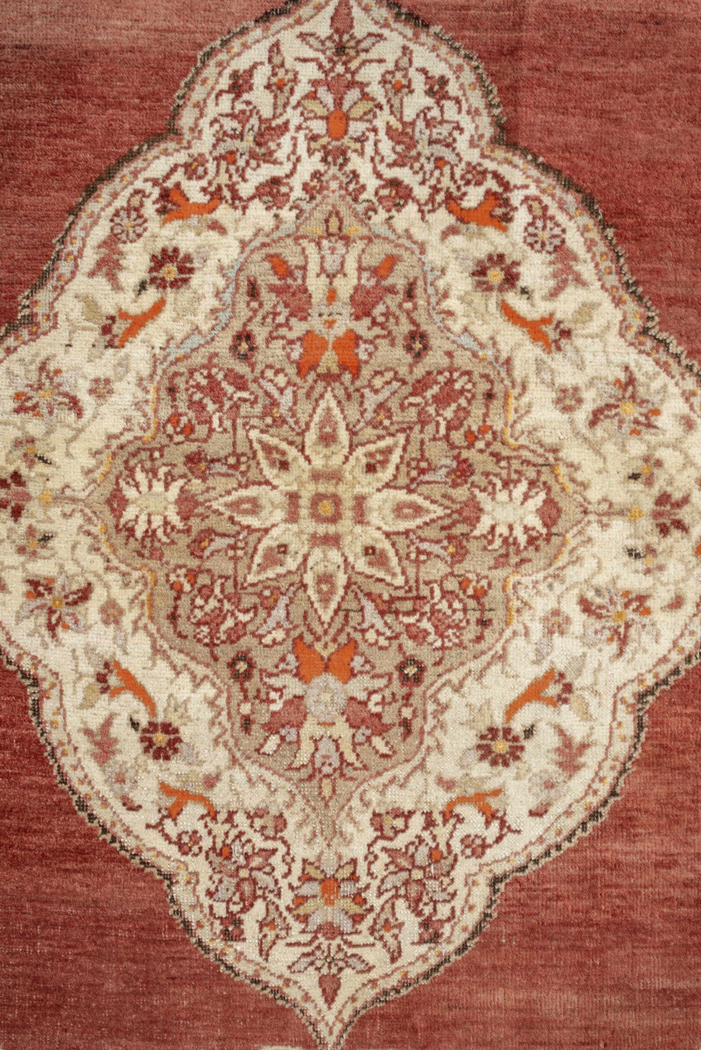 6' x 4' one-of-a-kind handmade antique Anatolian rug. Color palette: terracotta, ivory, rust, taupe, coral, camel, brown