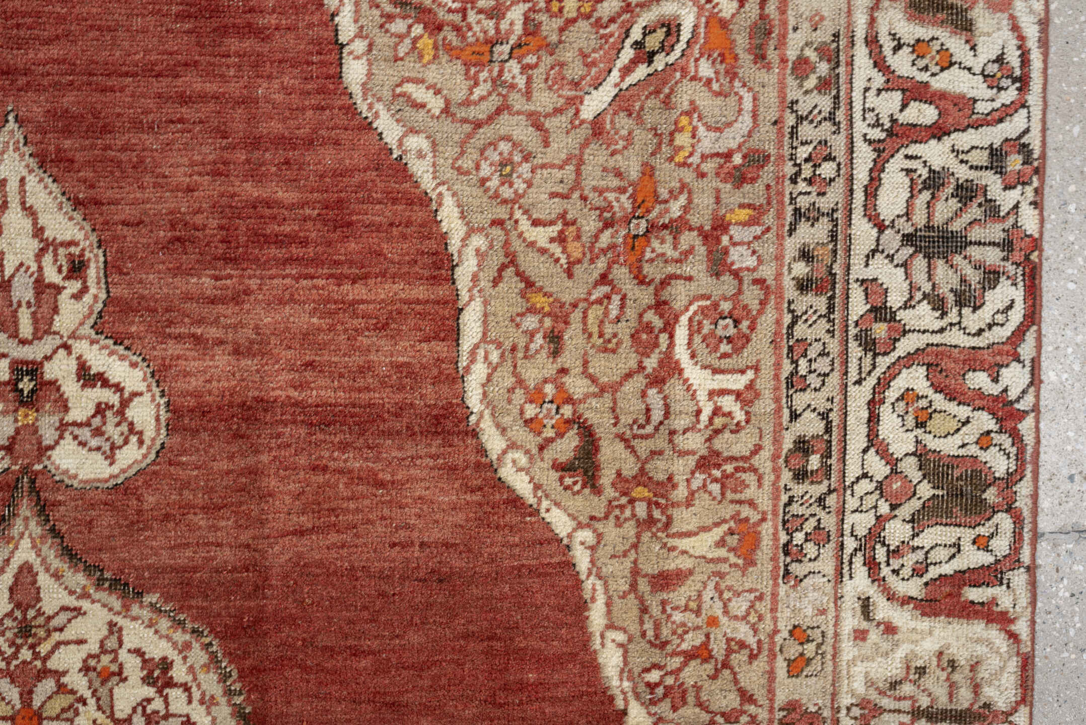 6' x 4' one-of-a-kind handmade antique Anatolian rug. Color palette: terracotta, ivory, rust, taupe, coral, camel, brown