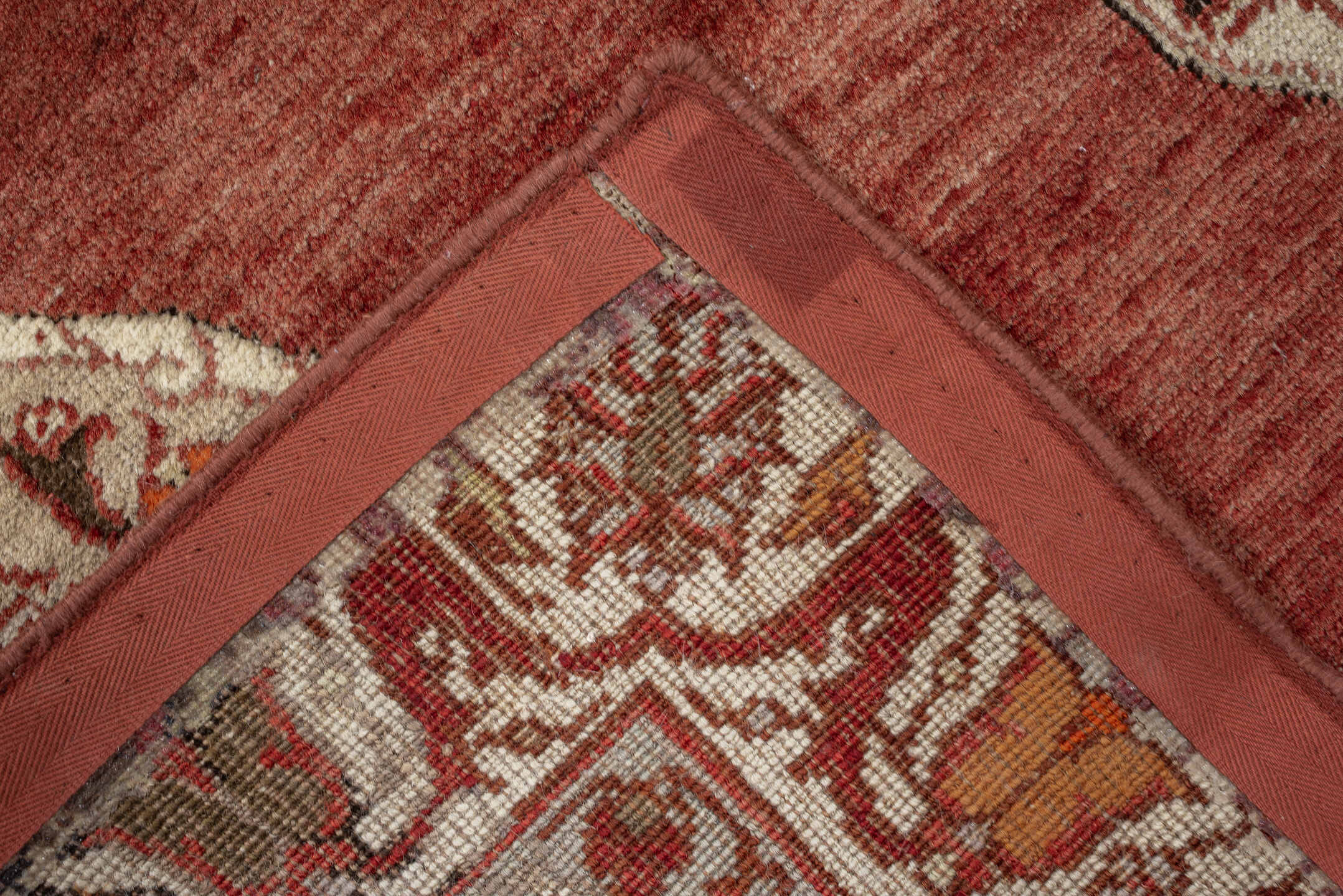 6' x 4' one-of-a-kind handmade antique Anatolian rug. Color palette: terracotta, ivory, rust, taupe, coral, camel, brown