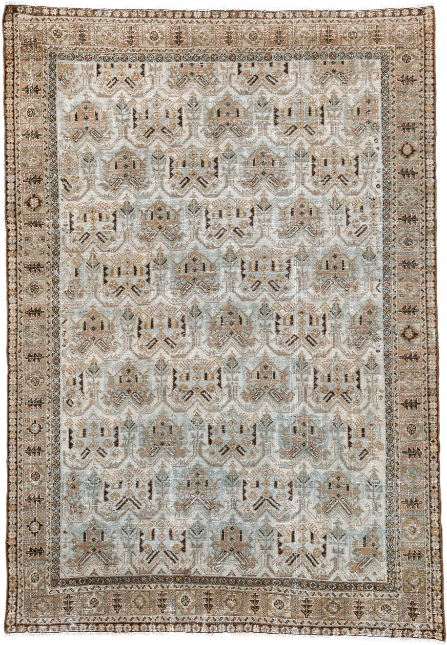 4' x 6' one-of-a-kind handmade antique Afshar small size rug. Color palette: ivory, taupe, camel, pale blue, brown, beige