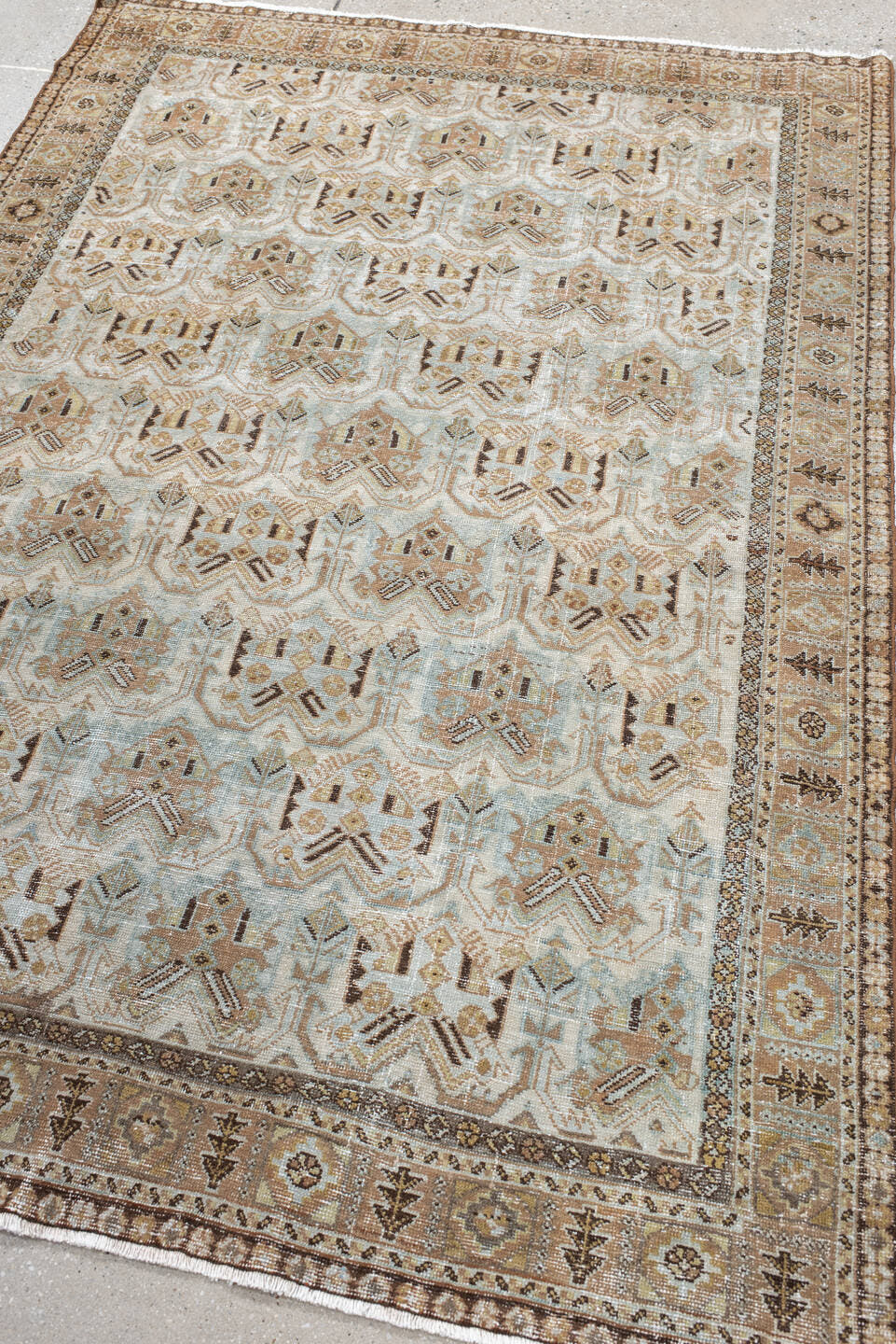 4' x 6' one-of-a-kind handmade antique Afshar small size rug. Color palette: ivory, taupe, camel, pale blue, brown, beige
