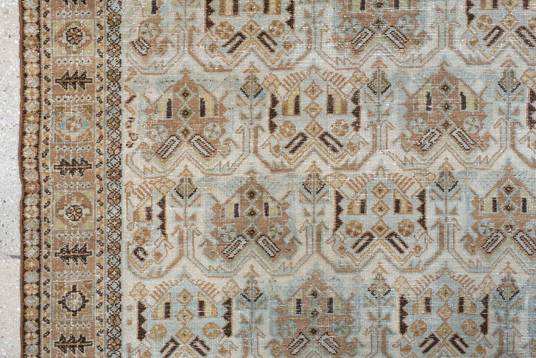 4' x 6' one-of-a-kind handmade antique Afshar small size rug. Color palette: ivory, taupe, camel, pale blue, brown, beige