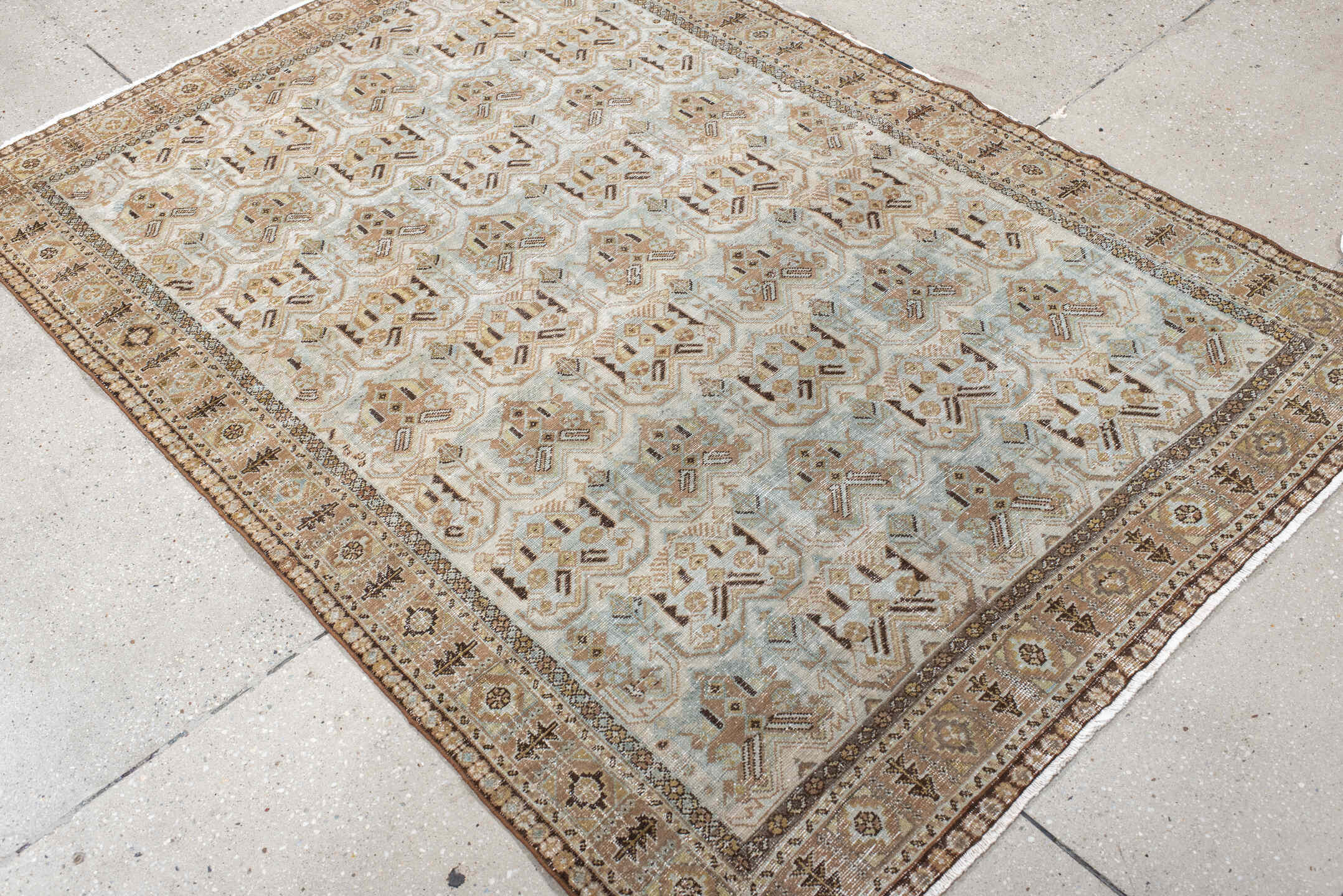 4' x 6' one-of-a-kind handmade antique Afshar small size rug. Color palette: ivory, taupe, camel, pale blue, brown, beige