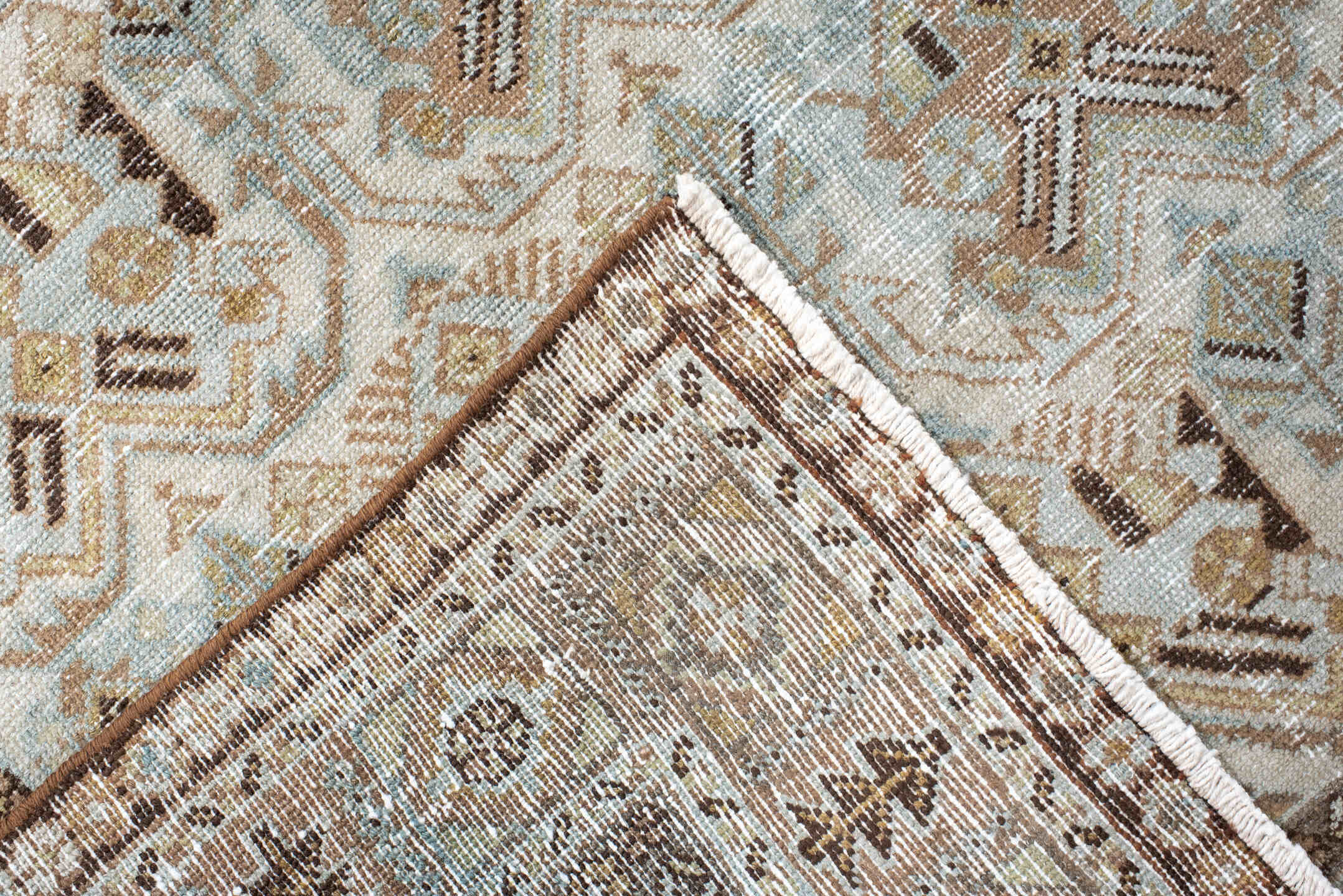 4' x 6' one-of-a-kind handmade antique Afshar small size rug. Color palette: ivory, taupe, camel, pale blue, brown, beige