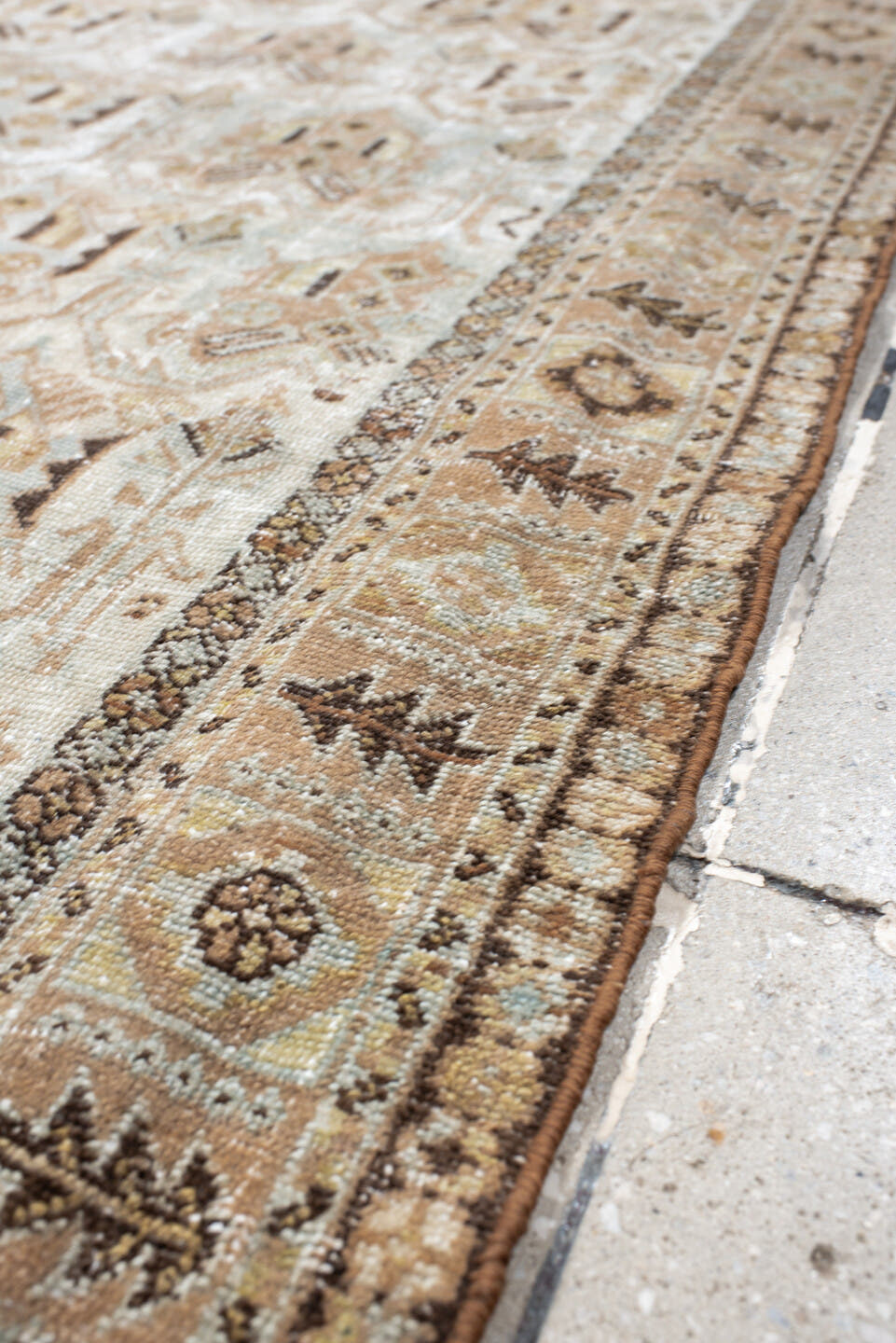 4' x 6' one-of-a-kind handmade antique Afshar small size rug. Color palette: ivory, taupe, camel, pale blue, brown, beige