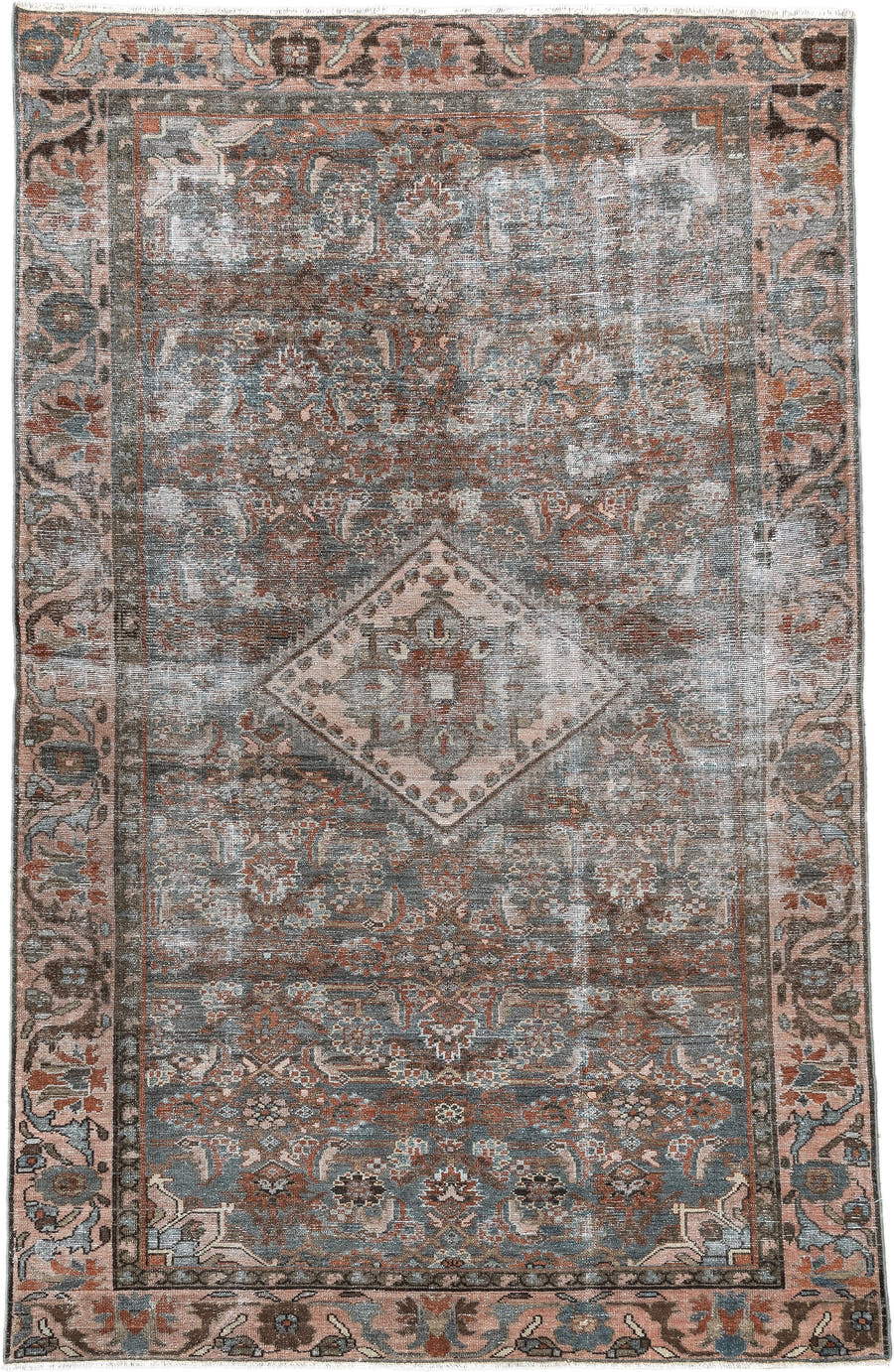4' x 6' one-of-a-kind handmade antique Malayer rug. Color palette: blue gray, terra cotta, blush, taupe, ivory, charcoal