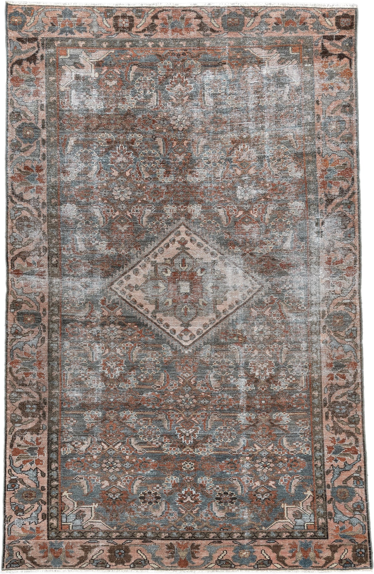 4' x 6' one-of-a-kind handmade antique Malayer rug. Color palette: blue gray, terra cotta, blush, taupe, ivory, charcoal