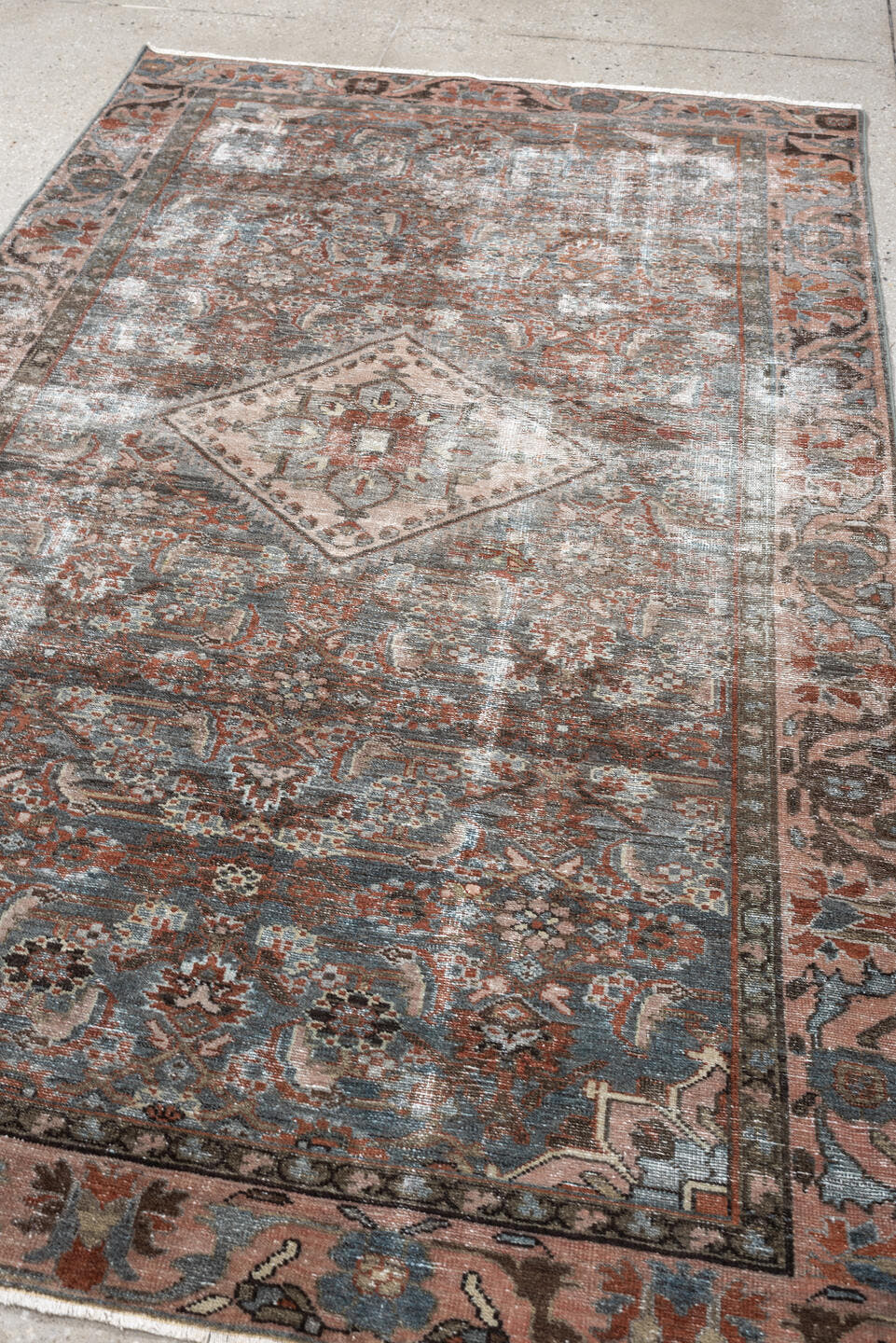 4' x 6' one-of-a-kind handmade antique Malayer rug. Color palette: blue gray, terra cotta, blush, taupe, ivory, charcoal