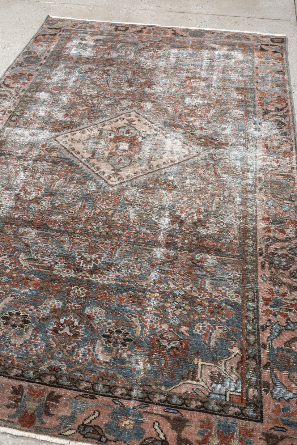 4' x 6' one-of-a-kind handmade antique Malayer rug. Color palette: blue gray, terra cotta, blush, taupe, ivory, charcoal