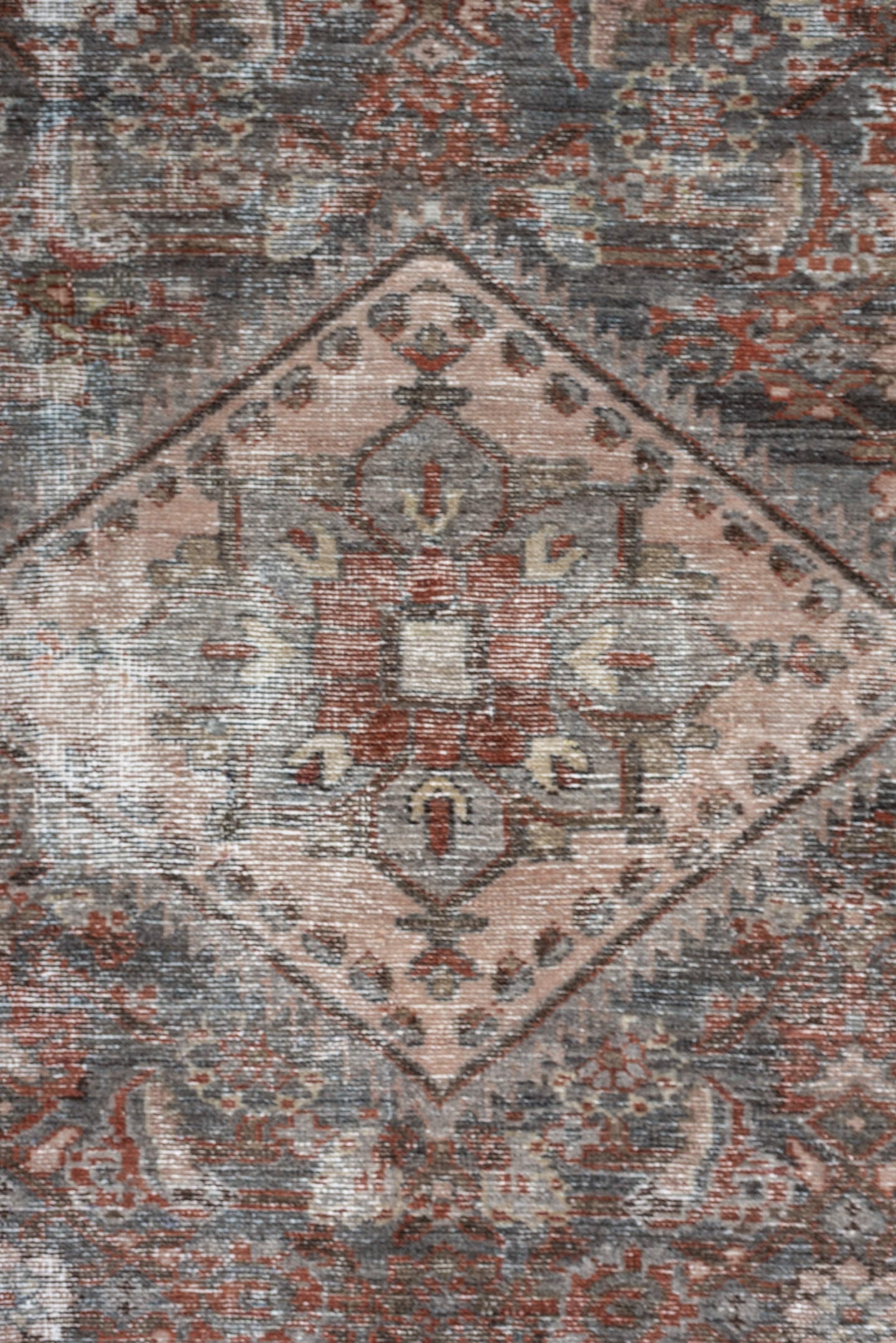 4' x 6' one-of-a-kind handmade antique Malayer rug. Color palette: blue gray, terra cotta, blush, taupe, ivory, charcoal