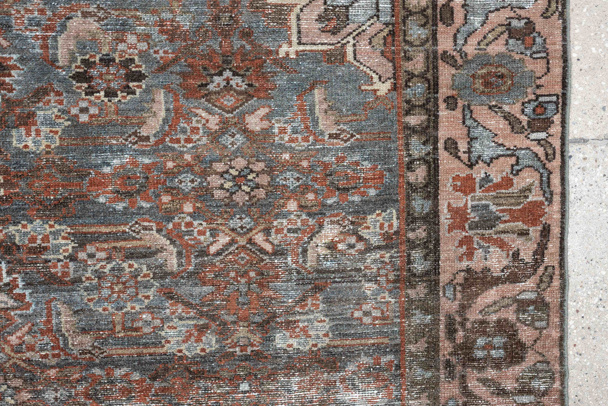 4' x 6' one-of-a-kind handmade antique Malayer rug. Color palette: blue gray, terra cotta, blush, taupe, ivory, charcoal