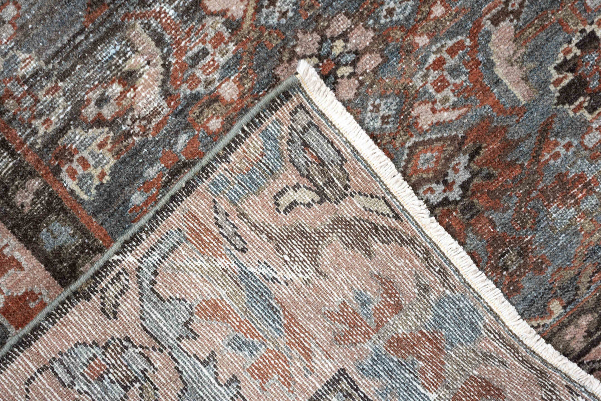 4' x 6' one-of-a-kind handmade antique Malayer rug. Color palette: blue gray, terra cotta, blush, taupe, ivory, charcoal