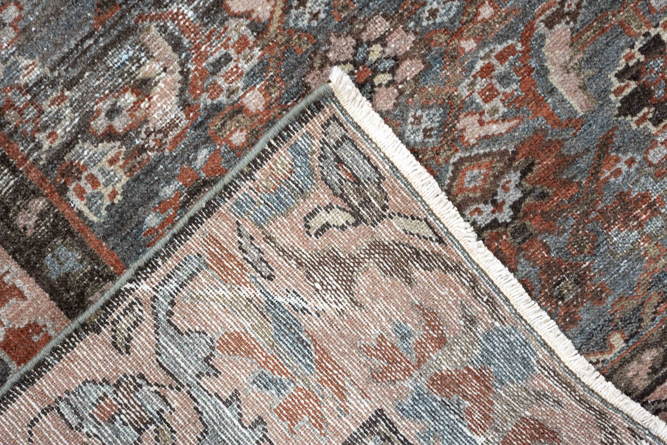 4' x 6' one-of-a-kind handmade antique Malayer rug. Color palette: blue gray, terra cotta, blush, taupe, ivory, charcoal
