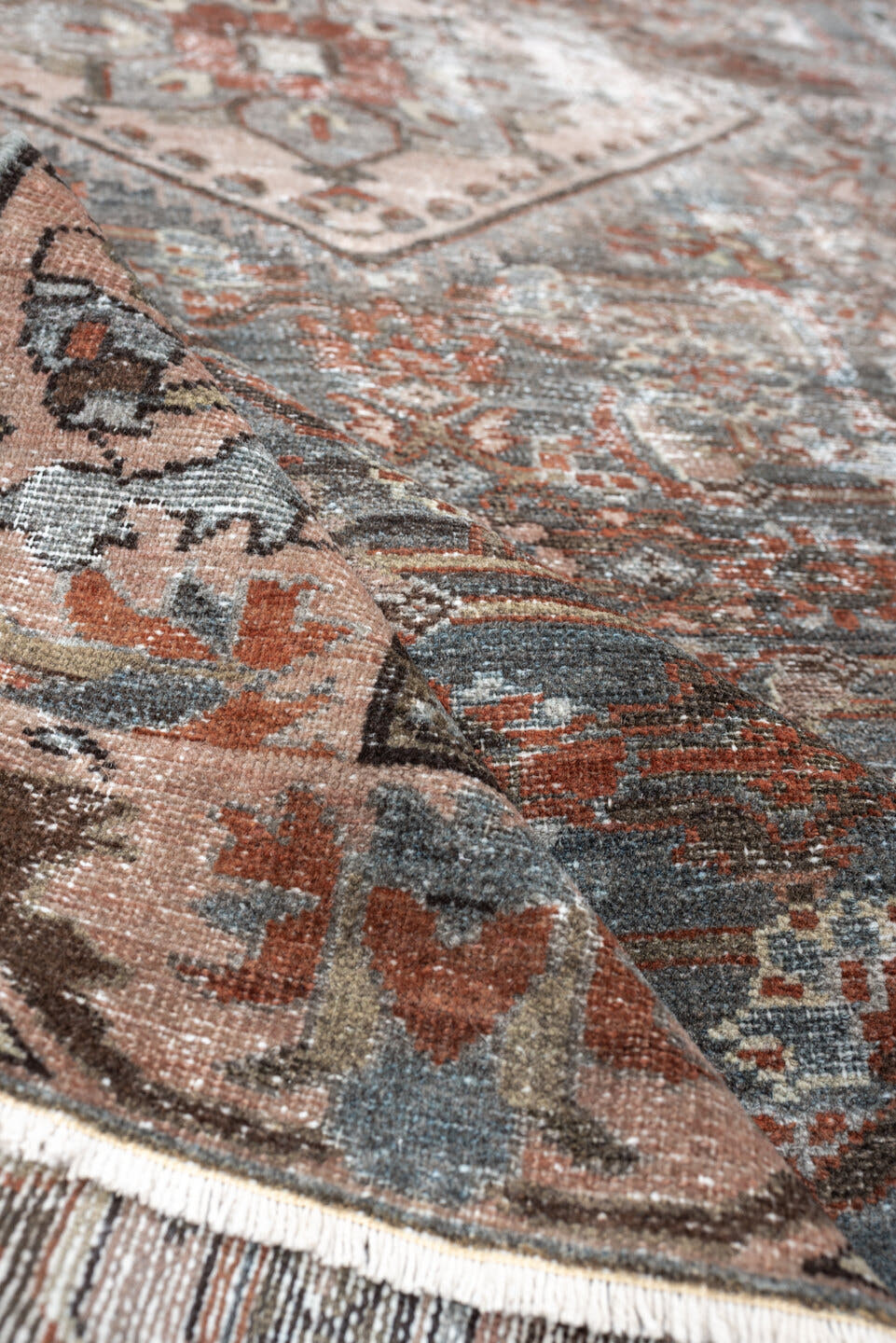 4' x 6' one-of-a-kind handmade antique Malayer rug. Color palette: blue gray, terra cotta, blush, taupe, ivory, charcoal