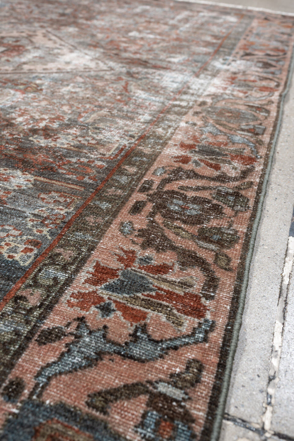 4' x 6' one-of-a-kind handmade antique Malayer rug. Color palette: blue gray, terra cotta, blush, taupe, ivory, charcoal