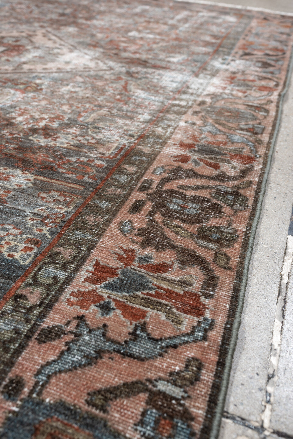 4' x 6' one-of-a-kind handmade antique Malayer rug. Color palette: blue gray, terra cotta, blush, taupe, ivory, charcoal
