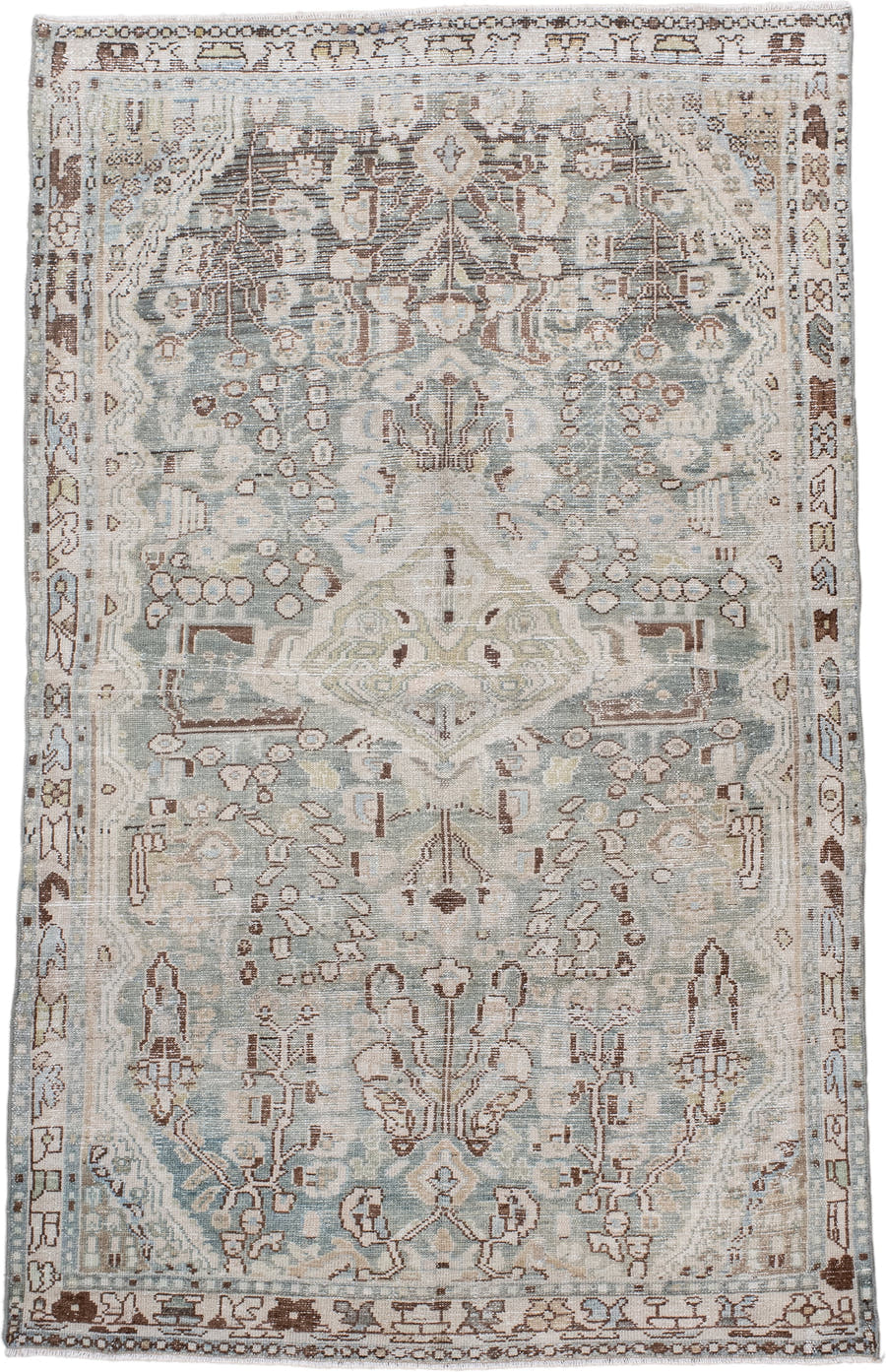 4' x 6' one-of-a-kind handmade antique Hamadan small size rug. Color palette: ivory, pale blue, taupe, brown, camel, sage