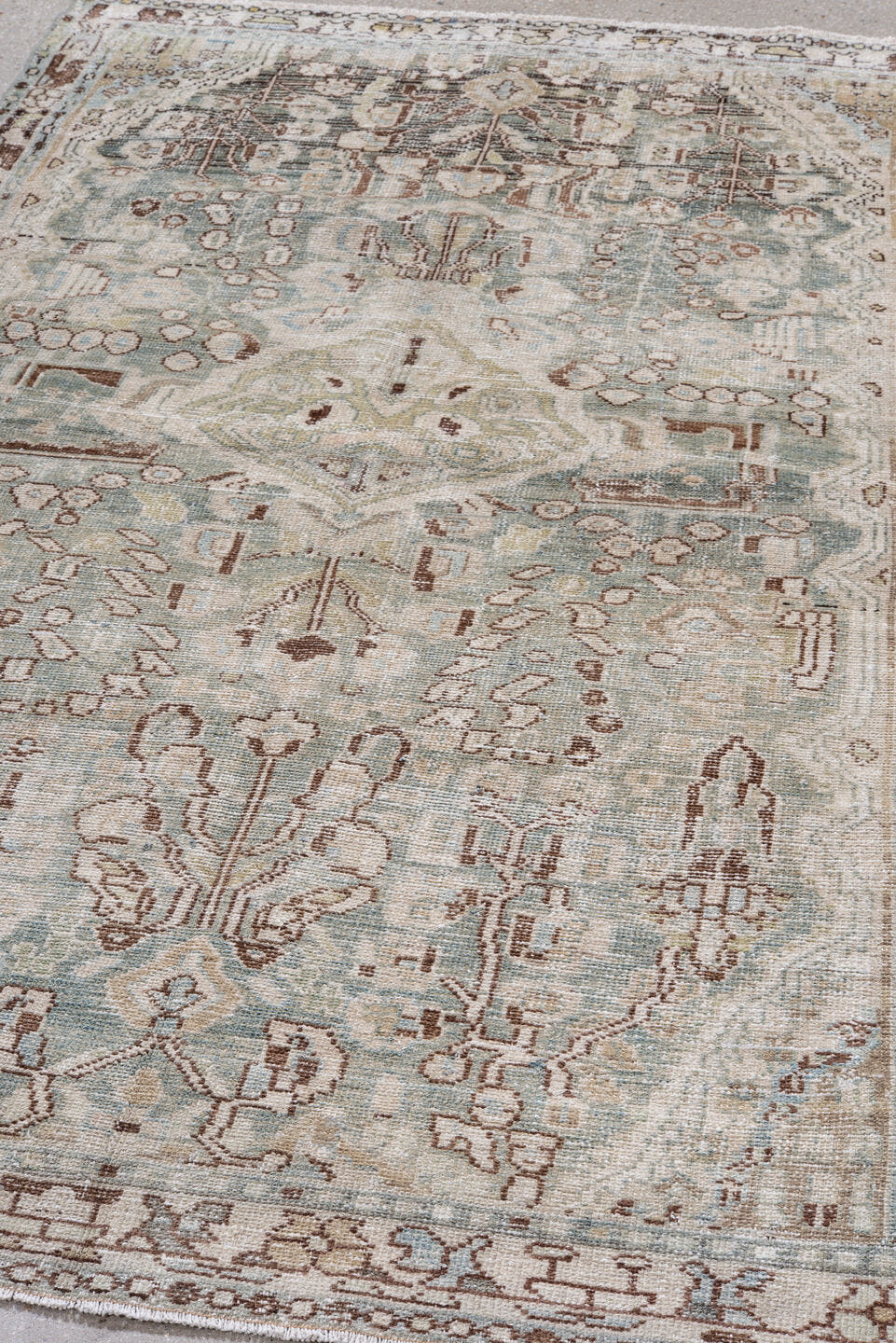 4' x 6' one-of-a-kind handmade antique Hamadan small size rug. Color palette: ivory, pale blue, taupe, brown, camel, sage