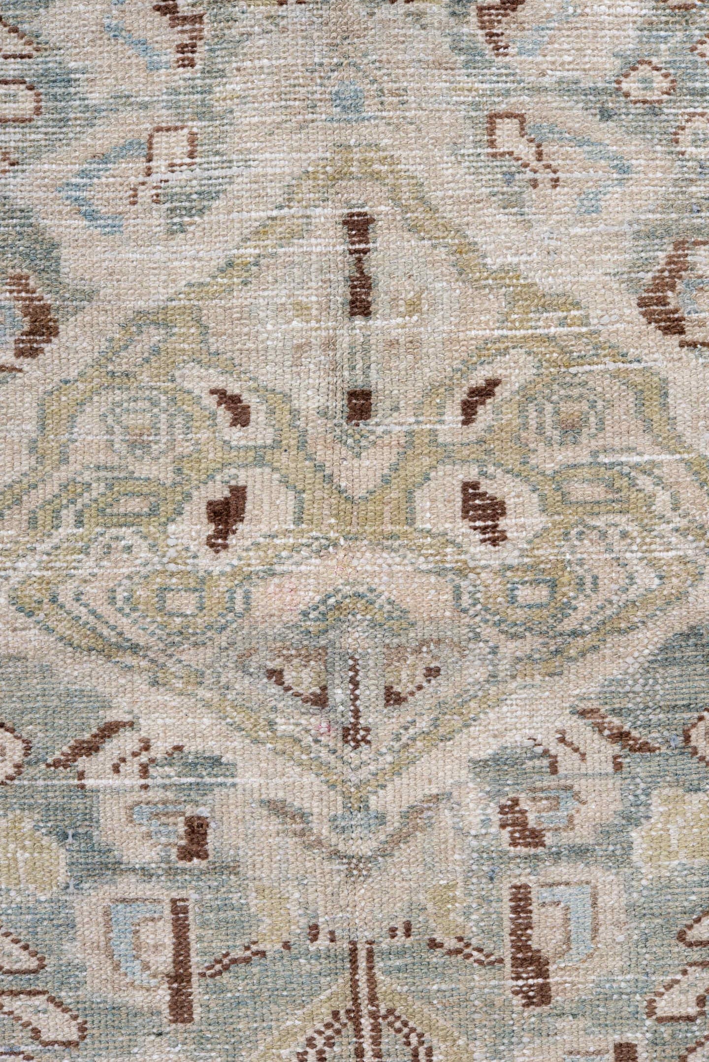 4' x 6' one-of-a-kind handmade antique Hamadan small size rug. Color palette: ivory, pale blue, taupe, brown, camel, sage