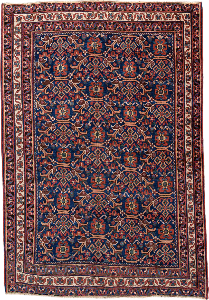 4' x 6' one-of-a-kind handmade antique Afshar small size rug. Color palette: indigo, rust, ivory, navy, camel, sage
