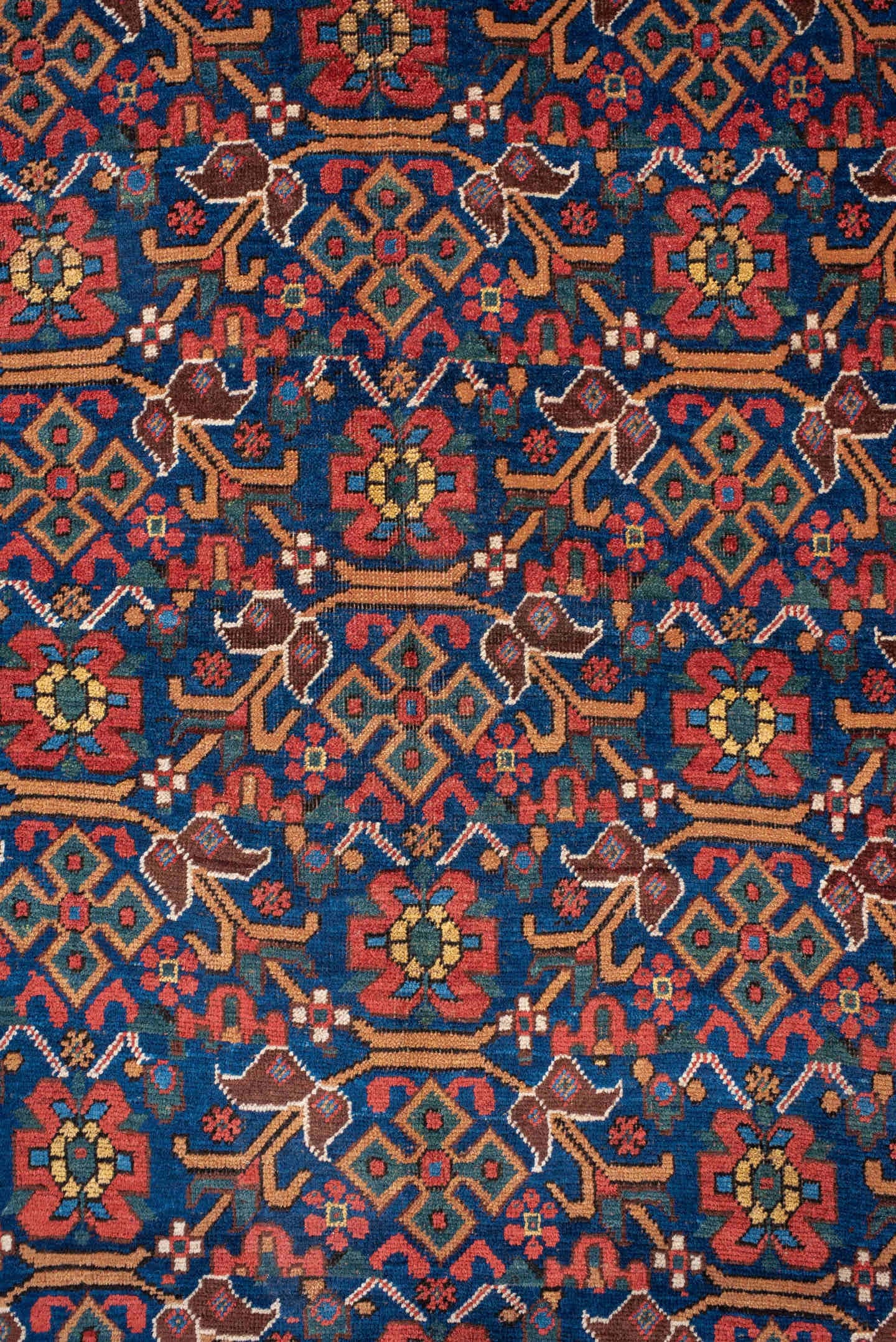 4' x 6' one-of-a-kind handmade antique Afshar small size rug. Color palette: indigo, rust, ivory, navy, camel, sage