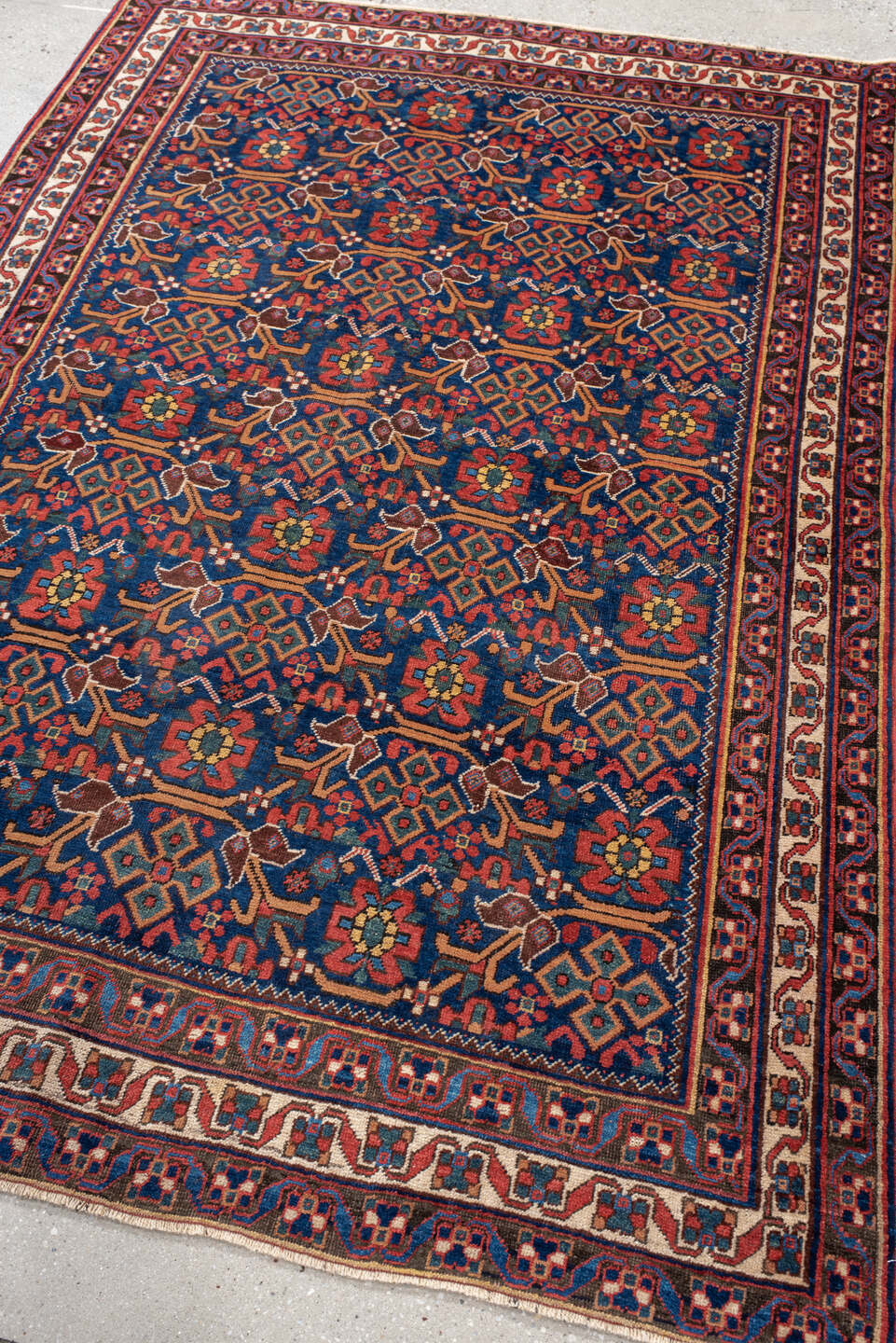4' x 6' one-of-a-kind handmade antique Afshar small size rug. Color palette: indigo, rust, ivory, navy, camel, sage