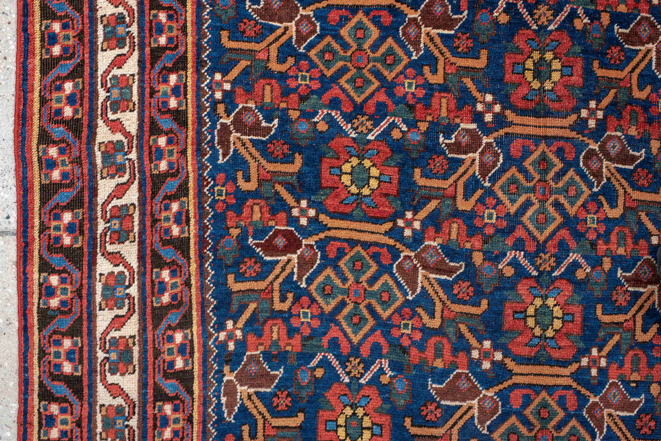 4' x 6' one-of-a-kind handmade antique Afshar small size rug. Color palette: indigo, rust, ivory, navy, camel, sage