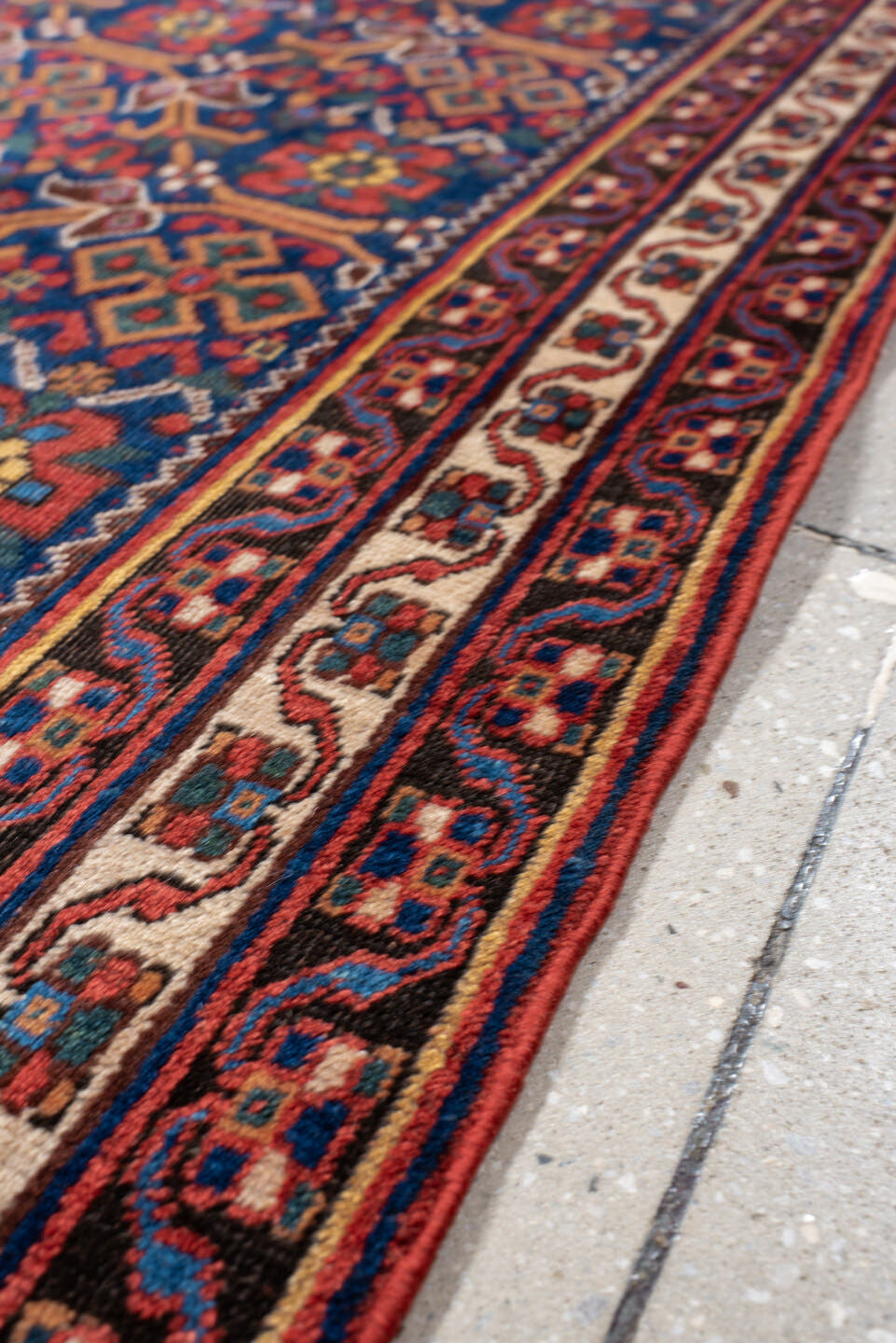 4' x 6' one-of-a-kind handmade antique Afshar small size rug. Color palette: indigo, rust, ivory, navy, camel, sage