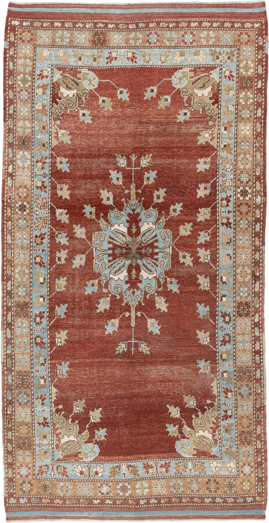 5' x 10' one-of-a-kind handmade vintage Anatolian medium size rug. Color palette: terracotta, sky blue, ivory, camel, taupe