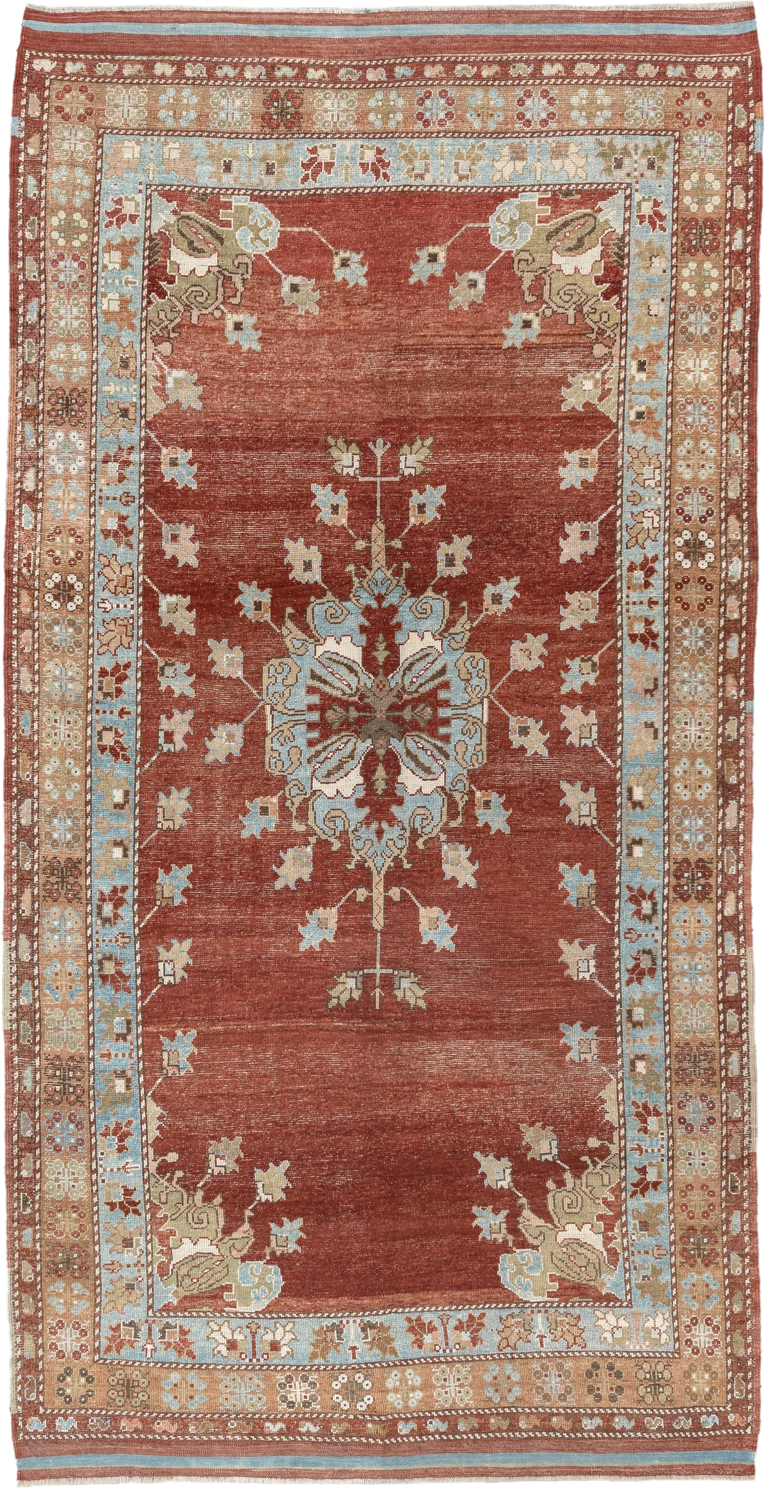 5' x 10' one-of-a-kind handmade vintage Anatolian medium size rug. Color palette: terracotta, sky blue, ivory, camel, taupe