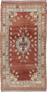 5' x 10' one-of-a-kind handmade vintage Anatolian medium size rug. Color palette: terracotta, sky blue, ivory, camel, taupe