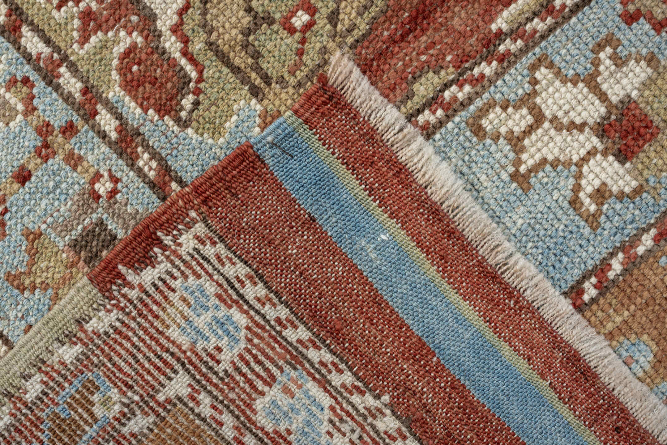 5' x 10' one-of-a-kind handmade vintage Anatolian medium size rug. Color palette: terracotta, sky blue, ivory, camel, taupe