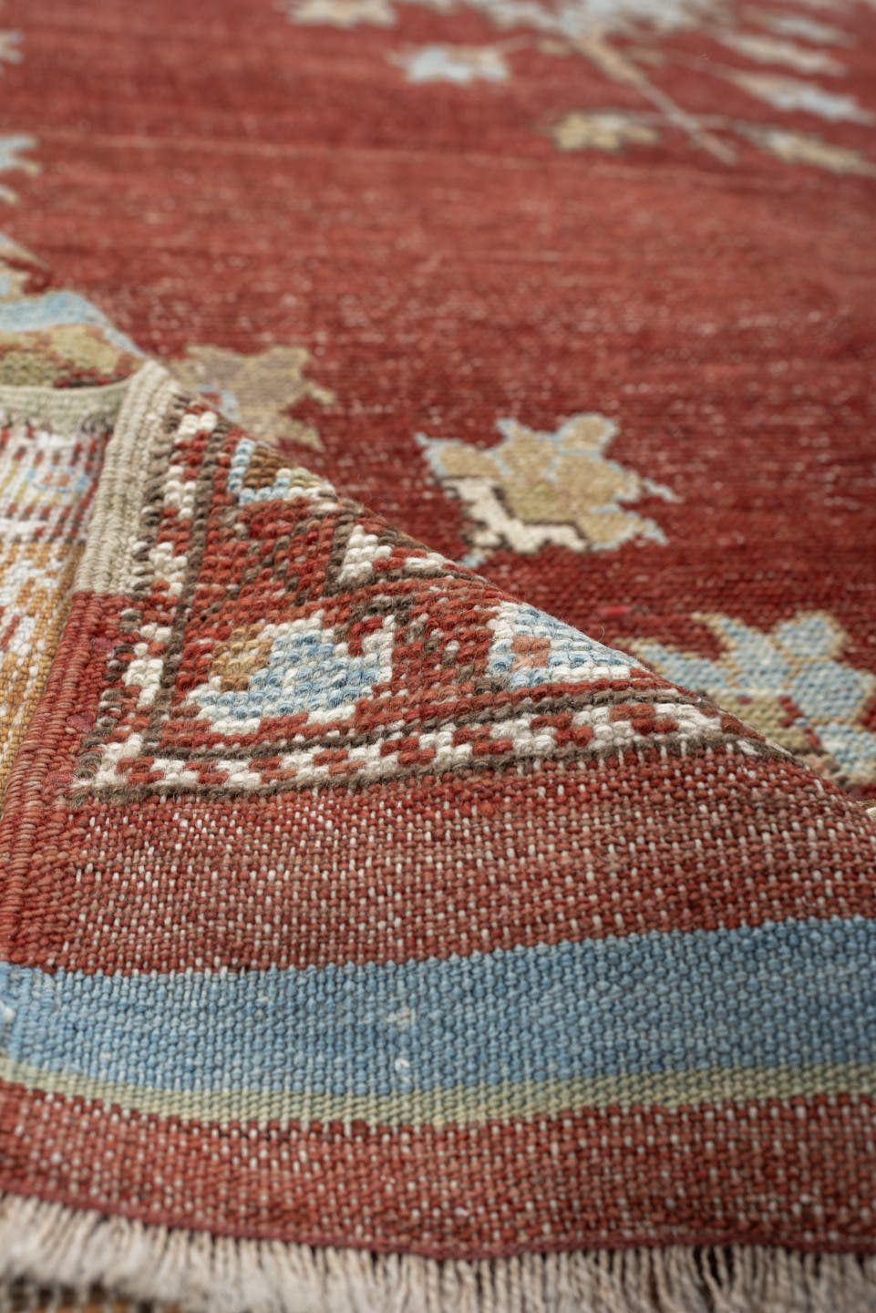 5' x 10' one-of-a-kind handmade vintage Anatolian medium size rug. Color palette: terracotta, sky blue, ivory, camel, taupe