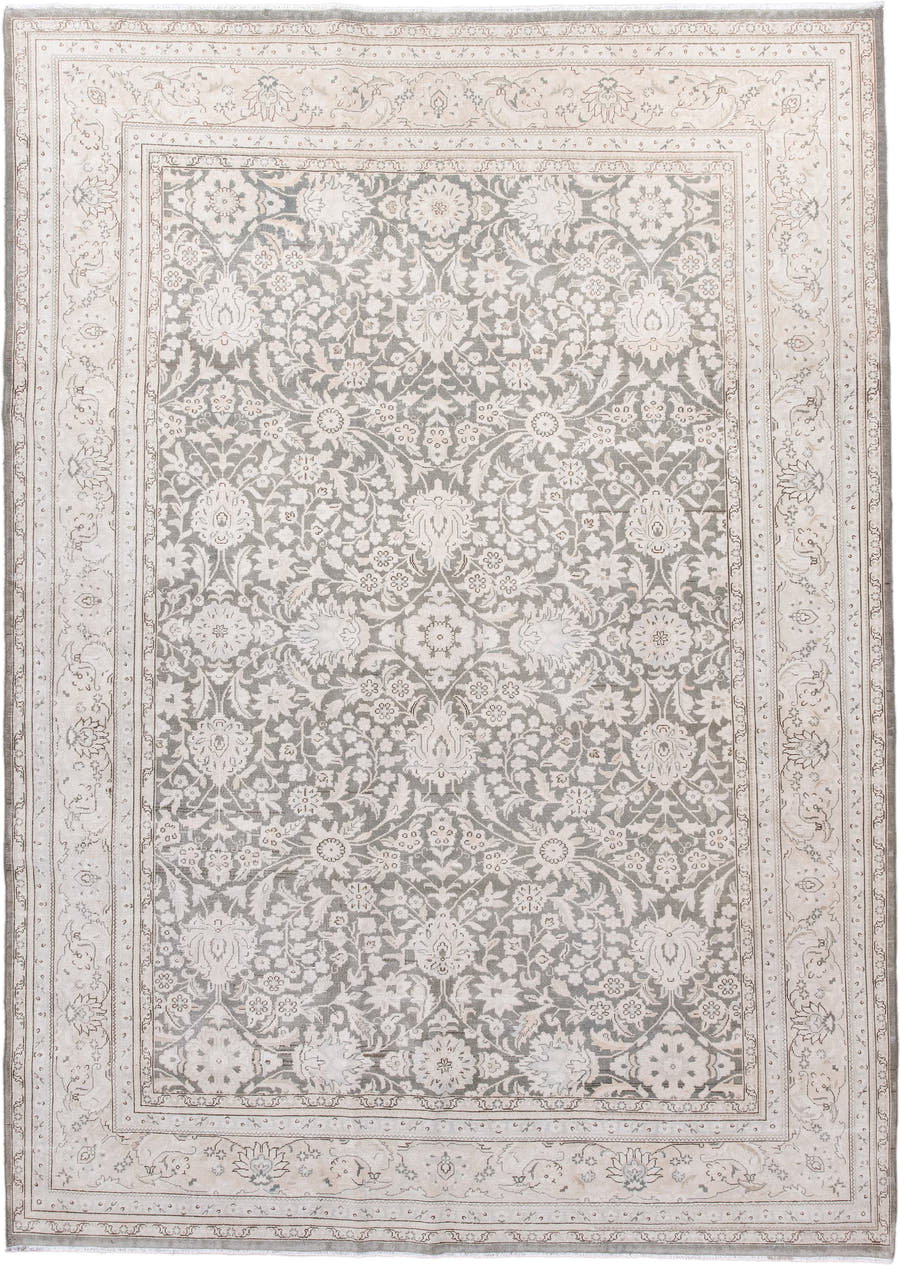 6' x 9' one-of-a-kind handmade antique Sivas medium size rug. Color palette: ivory, taupe, silver, gray, beige, camel
