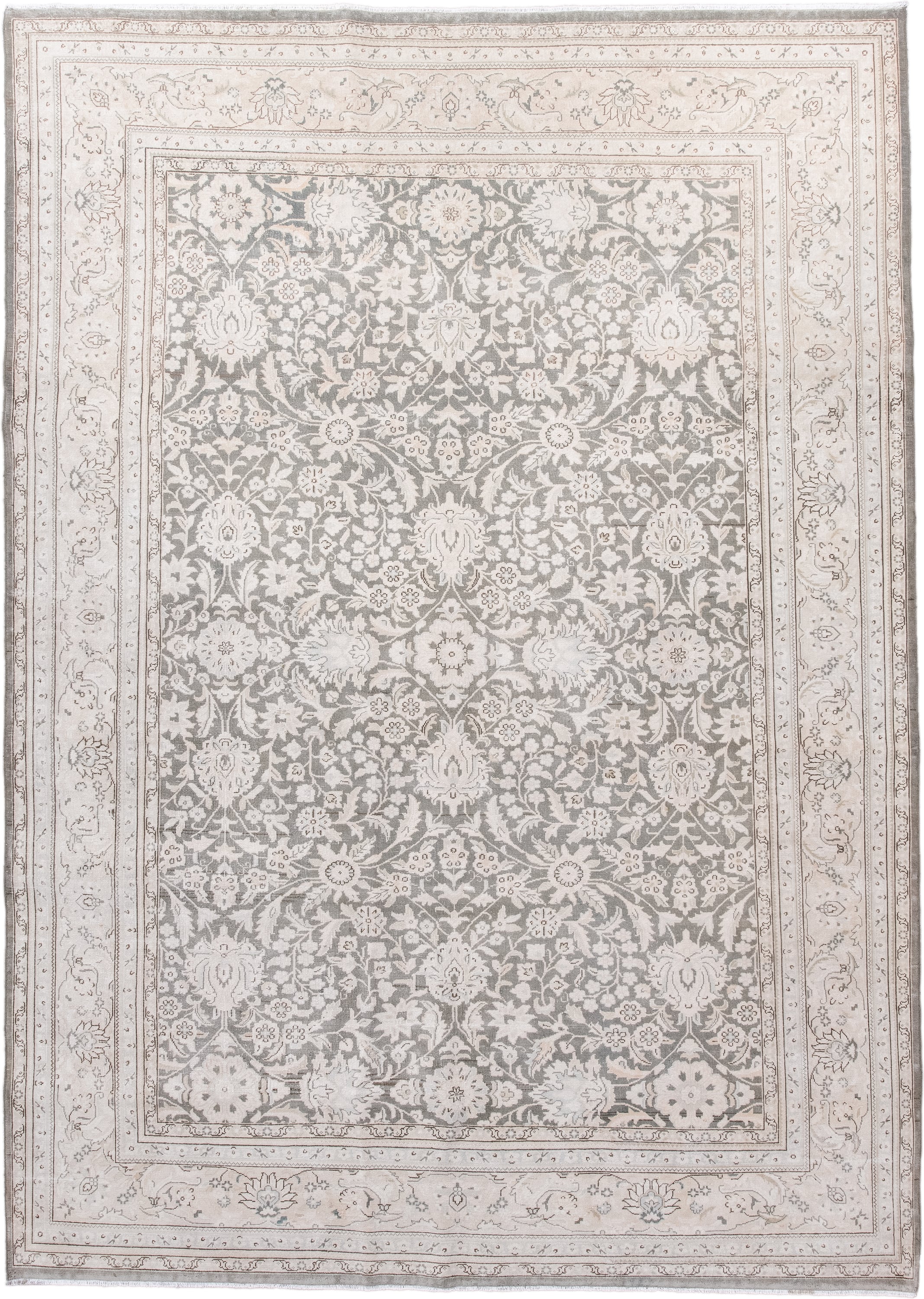 6' x 9' one-of-a-kind handmade antique Sivas medium size rug. Color palette: ivory, taupe, silver, gray, beige, camel