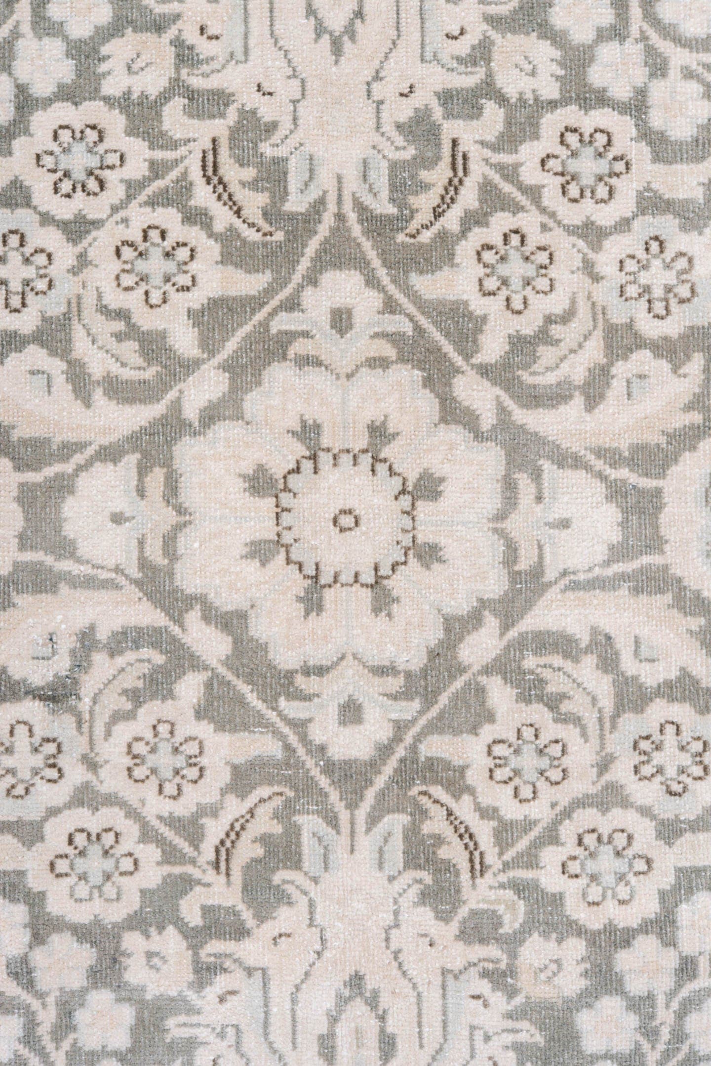 6' x 9' one-of-a-kind handmade antique Sivas medium size rug. Color palette: ivory, taupe, silver, gray, beige, camel
