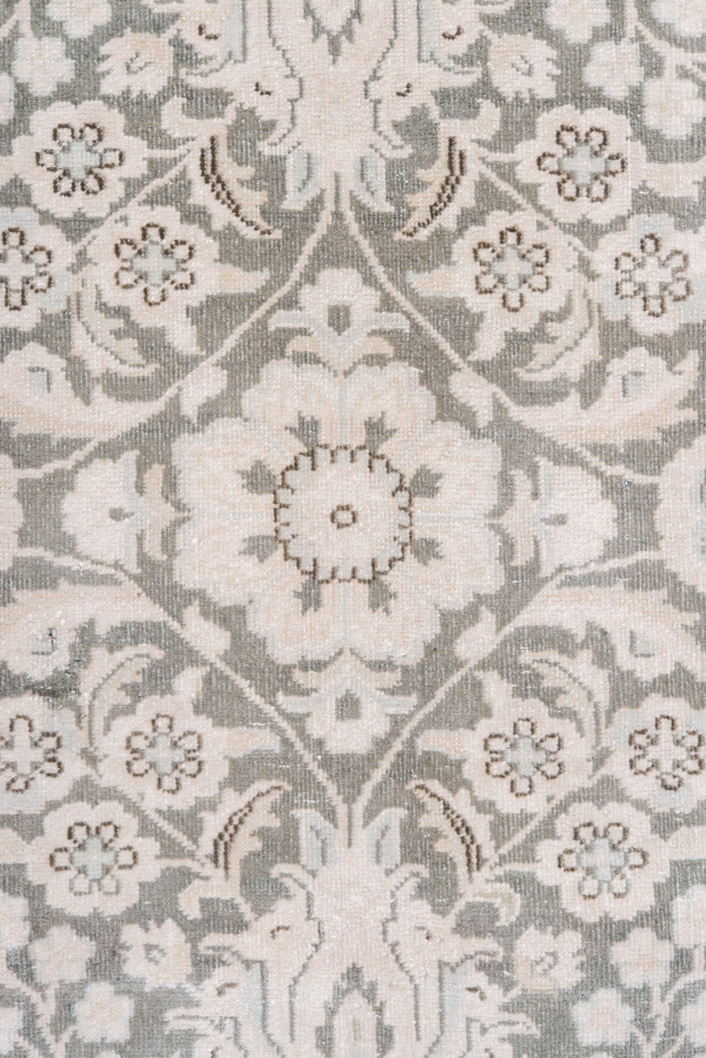 6' x 9' one-of-a-kind handmade antique Sivas medium size rug. Color palette: ivory, taupe, silver, gray, beige, camel
