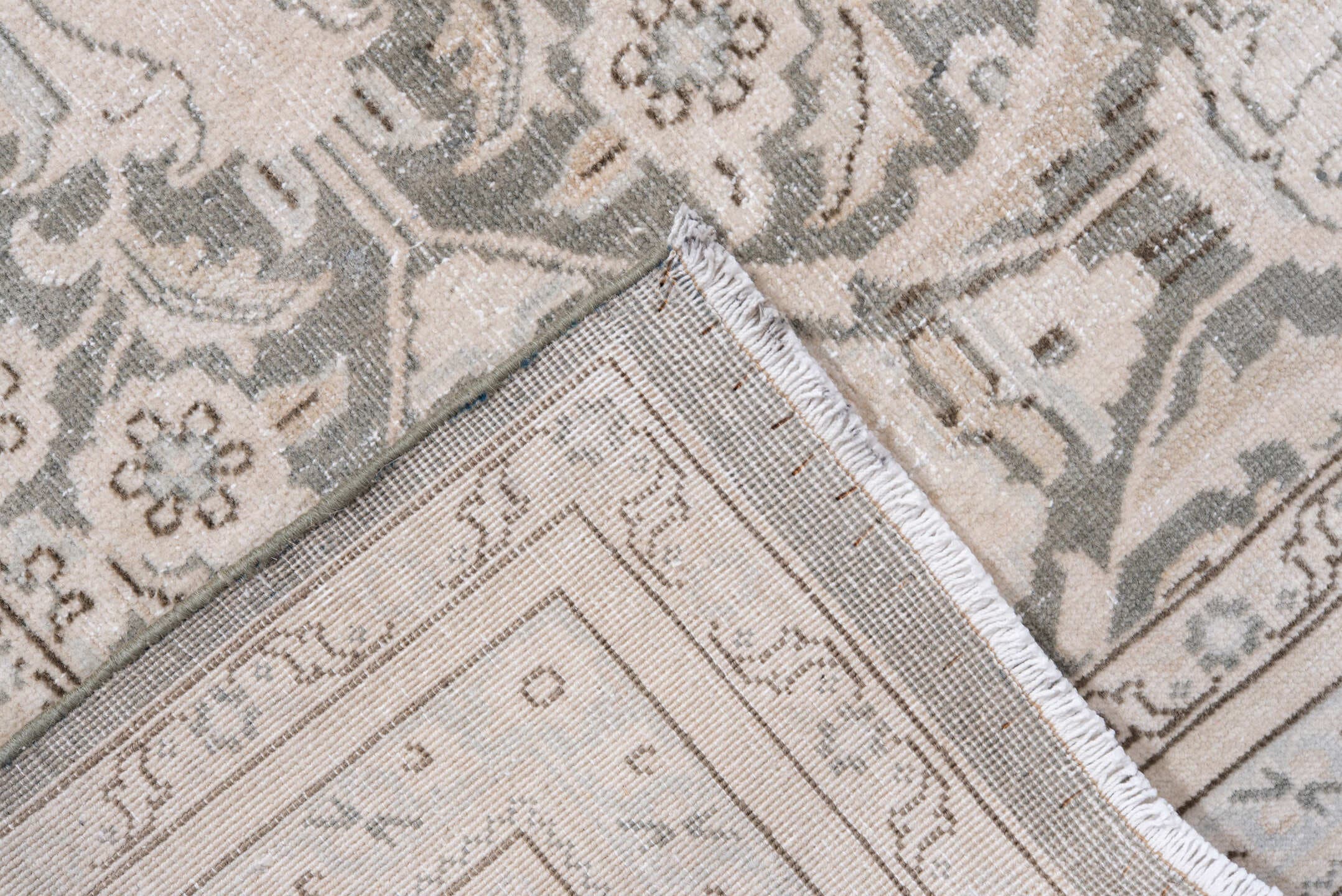 6' x 9' one-of-a-kind handmade antique Sivas medium size rug. Color palette: ivory, taupe, silver, gray, beige, camel