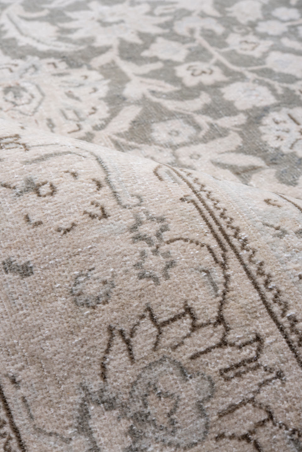 6' x 9' one-of-a-kind handmade antique Sivas medium size rug. Color palette: ivory, taupe, silver, gray, beige, camel